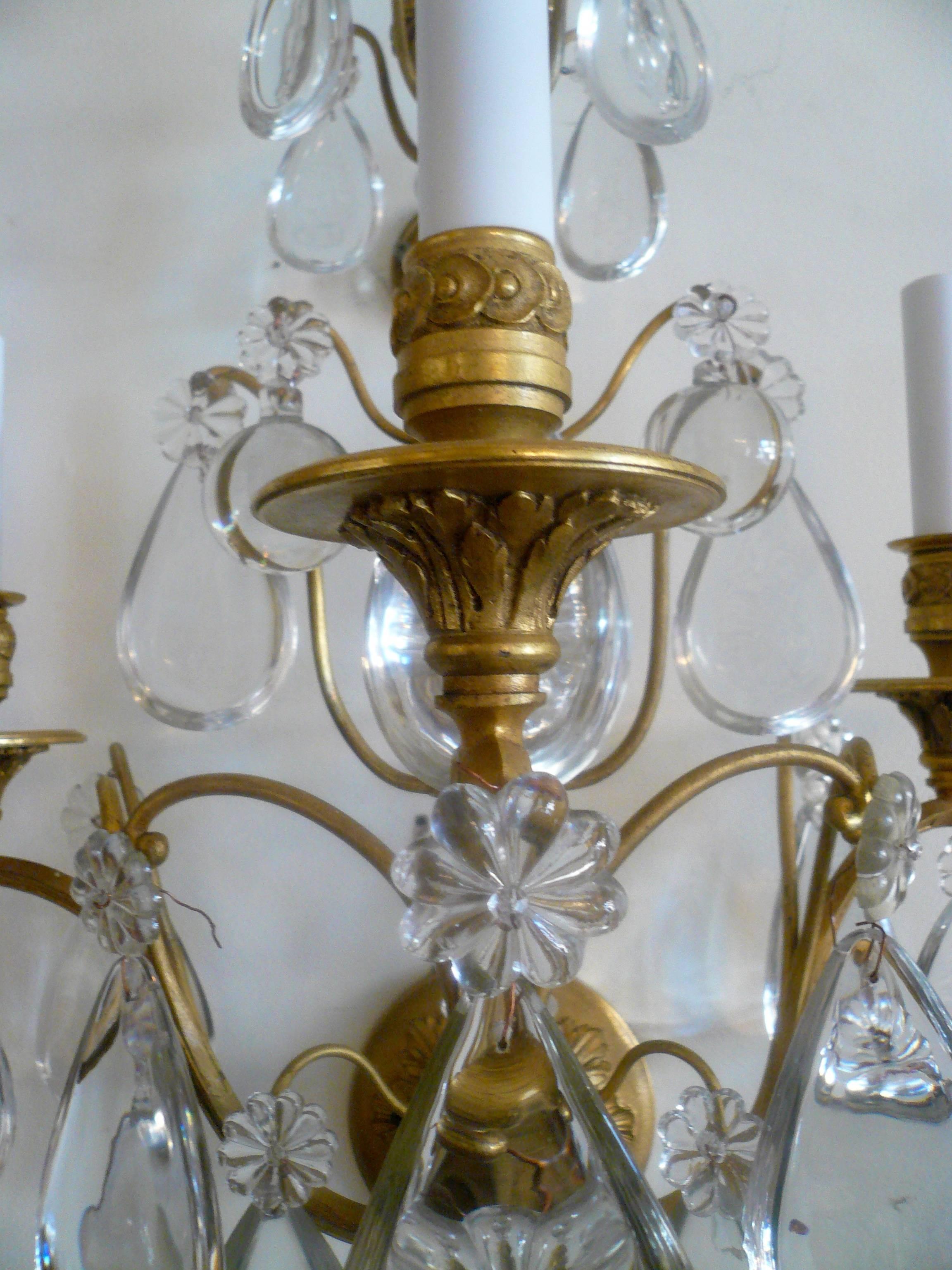 French Large Pair of Three-Arm Gilt Bronze and Crystal Sconces