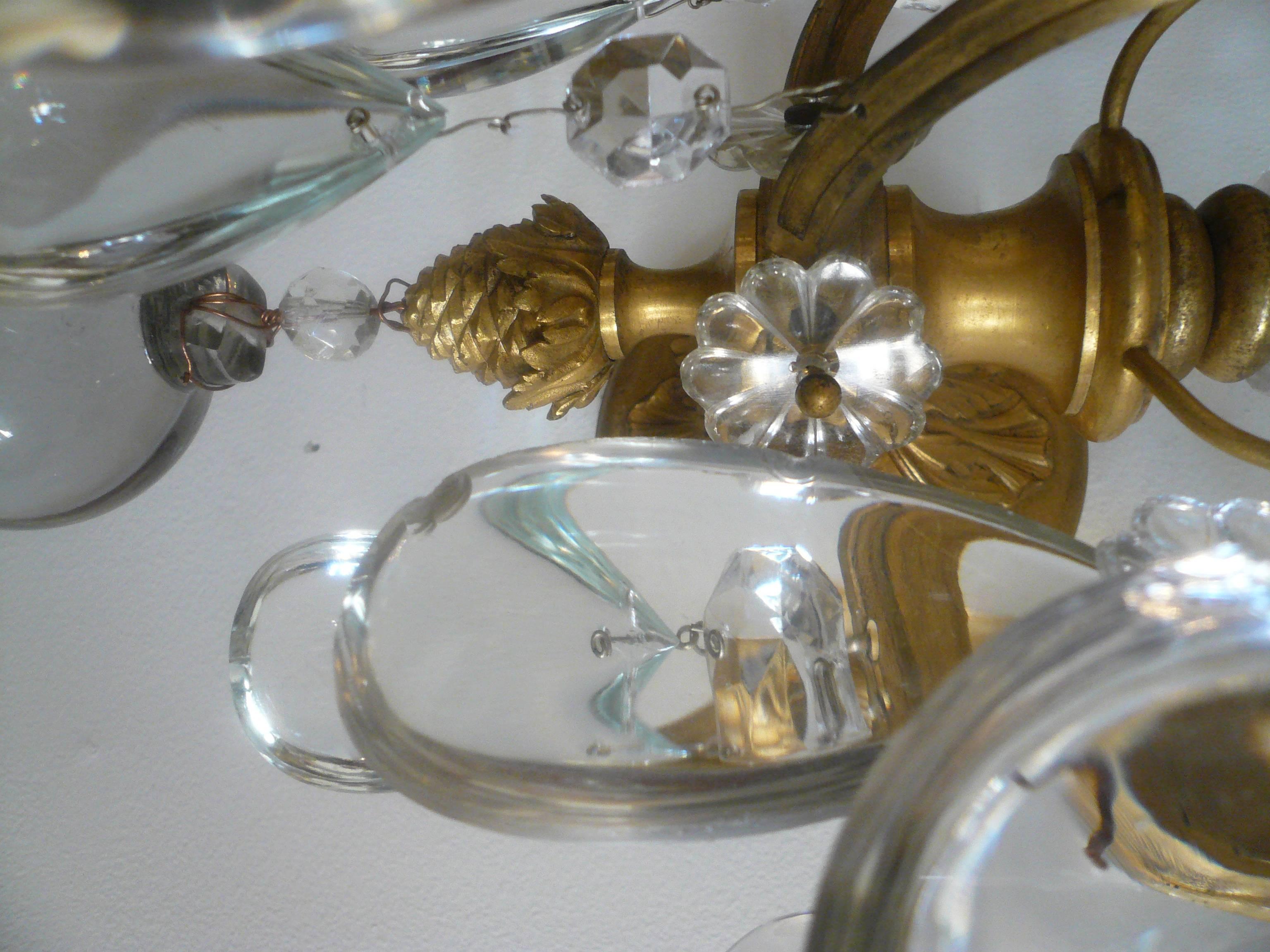 Louis XVI Large Pair of Three-Arm Gilt Bronze and Crystal Sconces