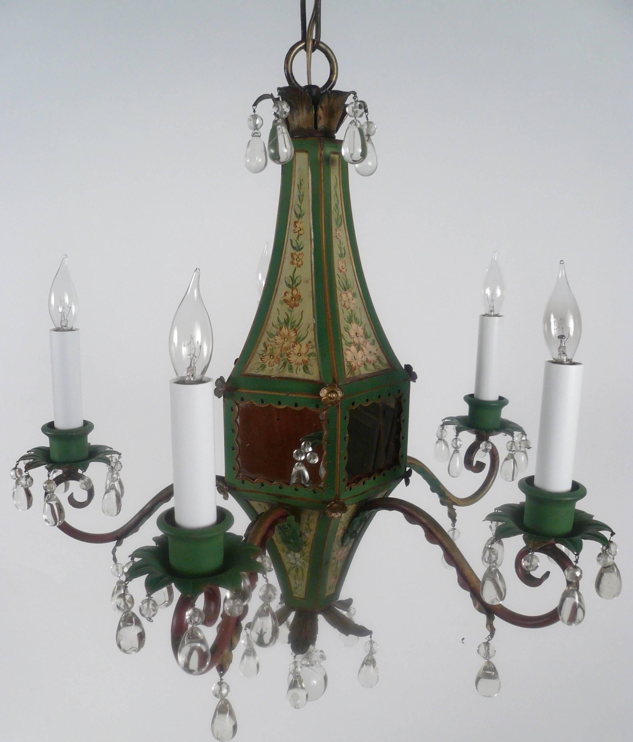 Five-Light Tole Peinte and Crystal Chandelier In Good Condition In Pittsburgh, PA