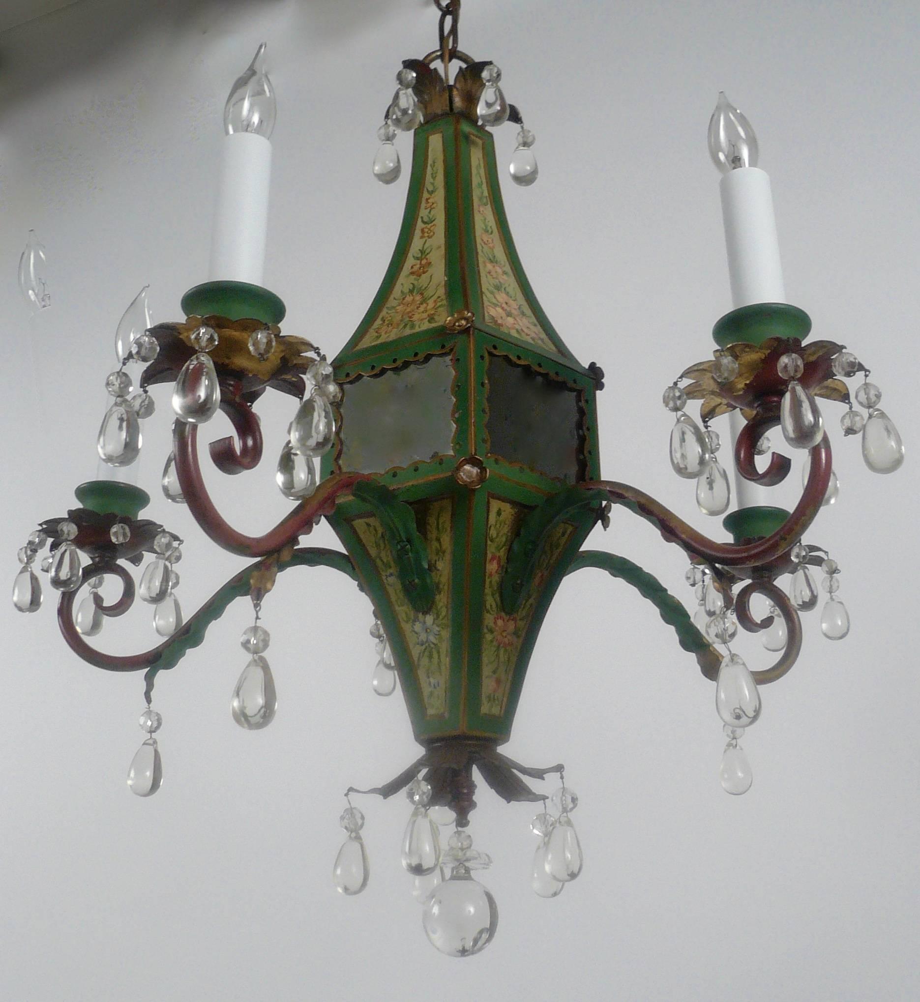 Regency Five-Light Tole Peinte and Crystal Chandelier