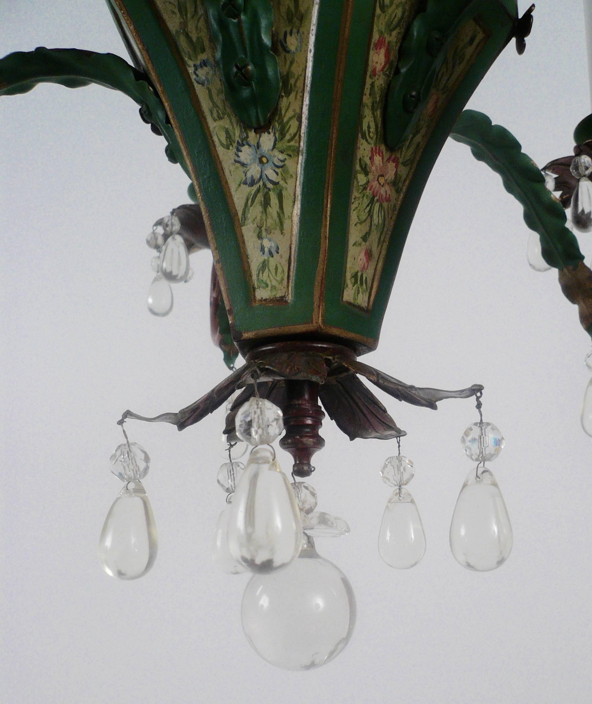 20th Century Five-Light Tole Peinte and Crystal Chandelier