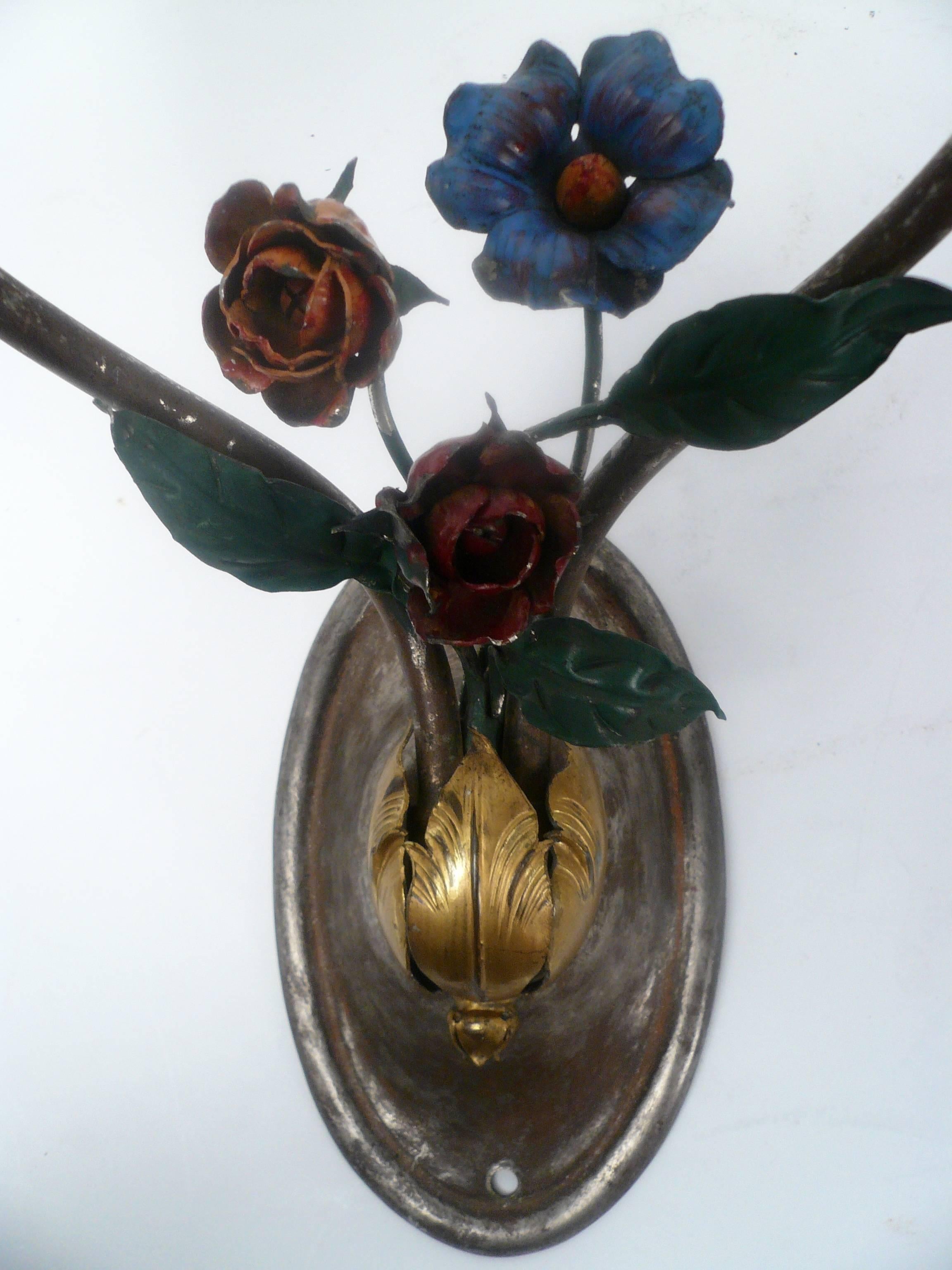 19th Century Pair of Patinated Bronze and Tole Floral Sconces