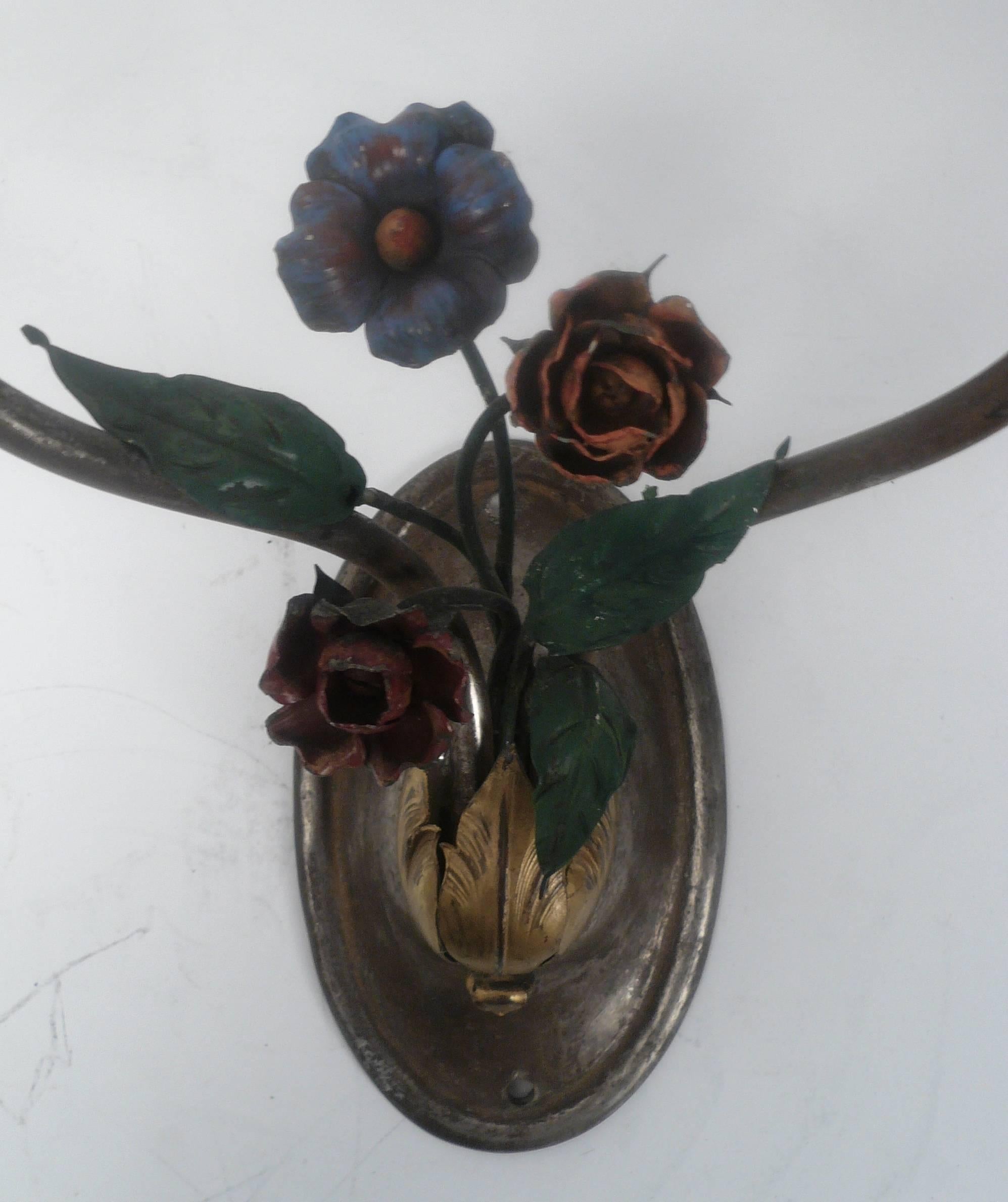 Late Victorian Pair of Patinated Bronze and Tole Floral Sconces