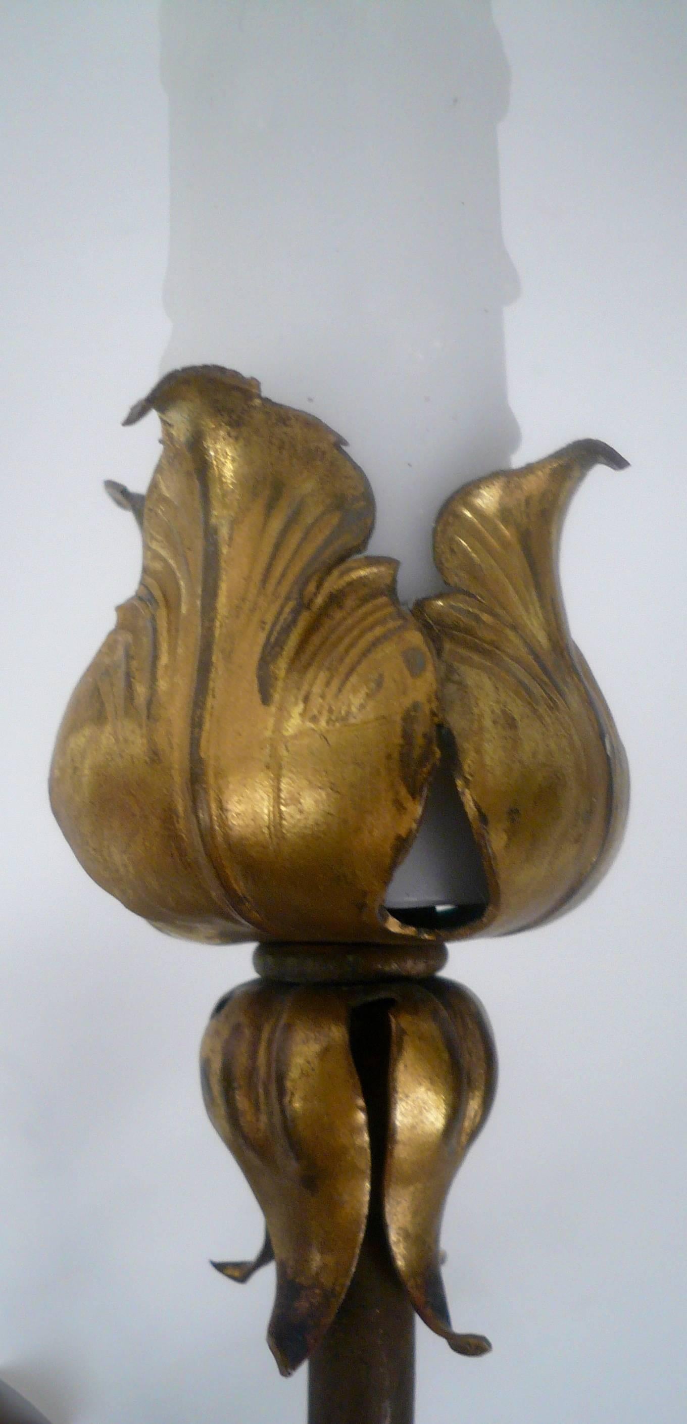 American Pair of Patinated Bronze and Tole Floral Sconces