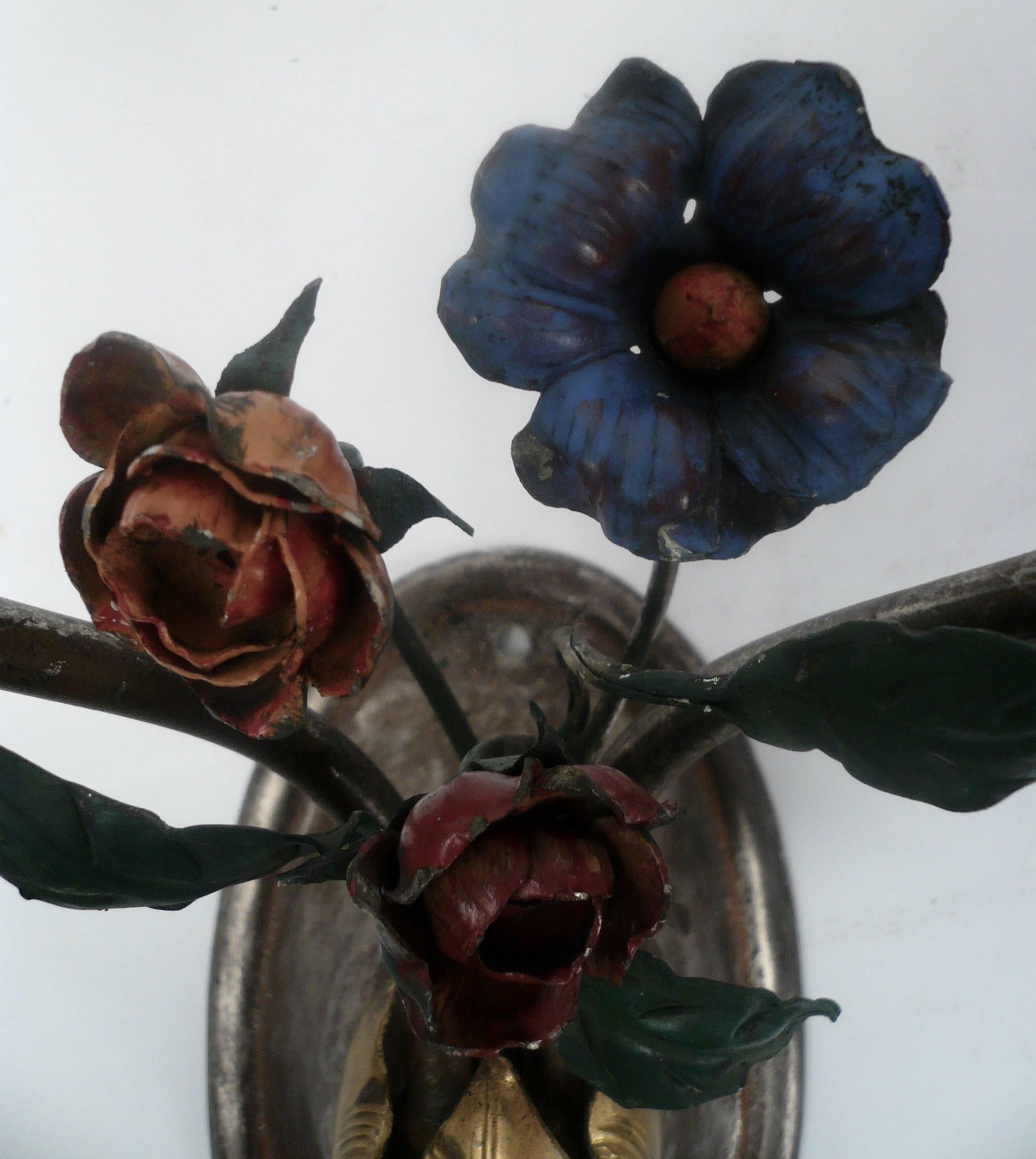 Pair of Patinated Bronze and Tole Floral Sconces In Excellent Condition In Pittsburgh, PA