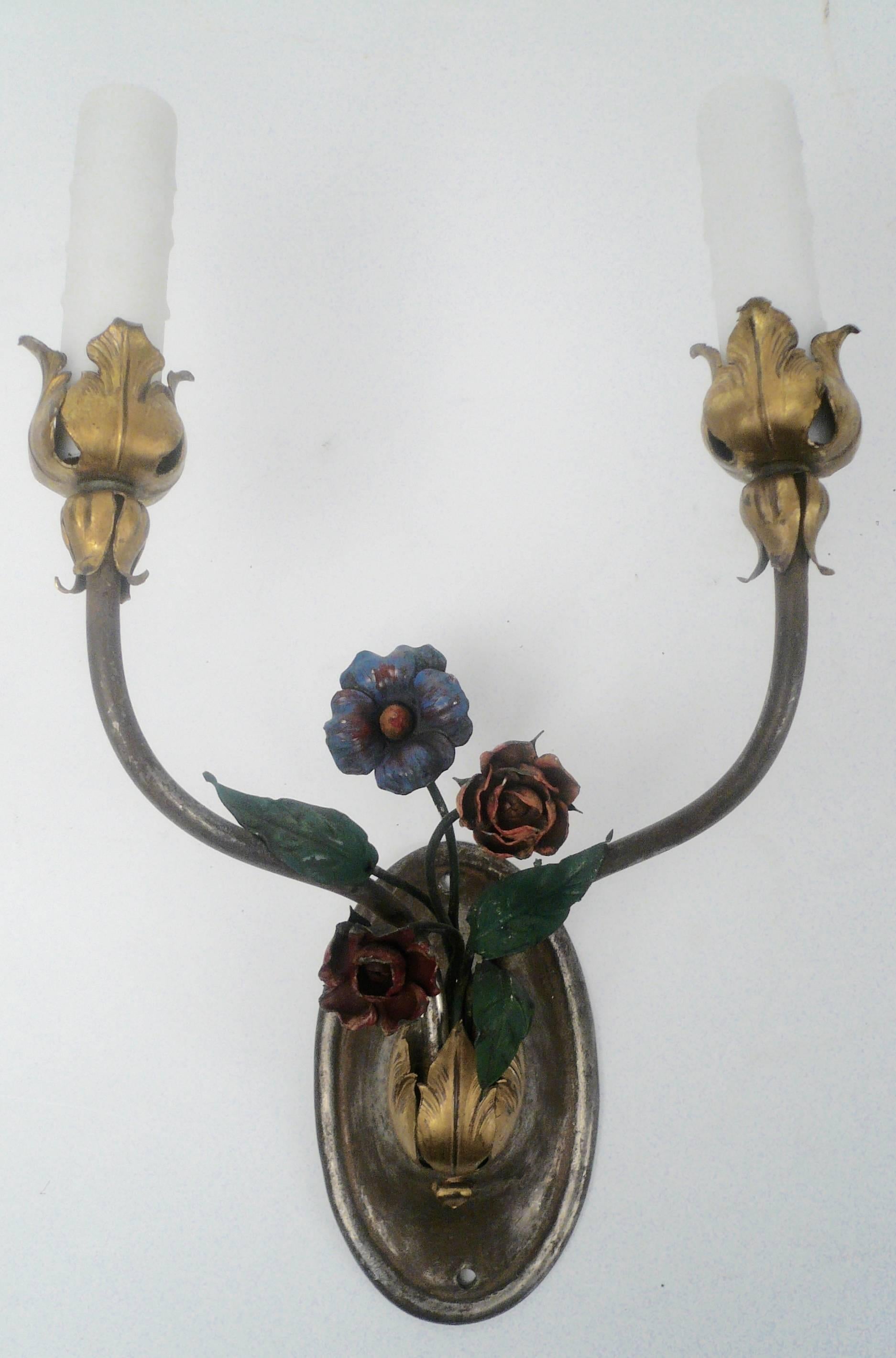Gilt Pair of Patinated Bronze and Tole Floral Sconces