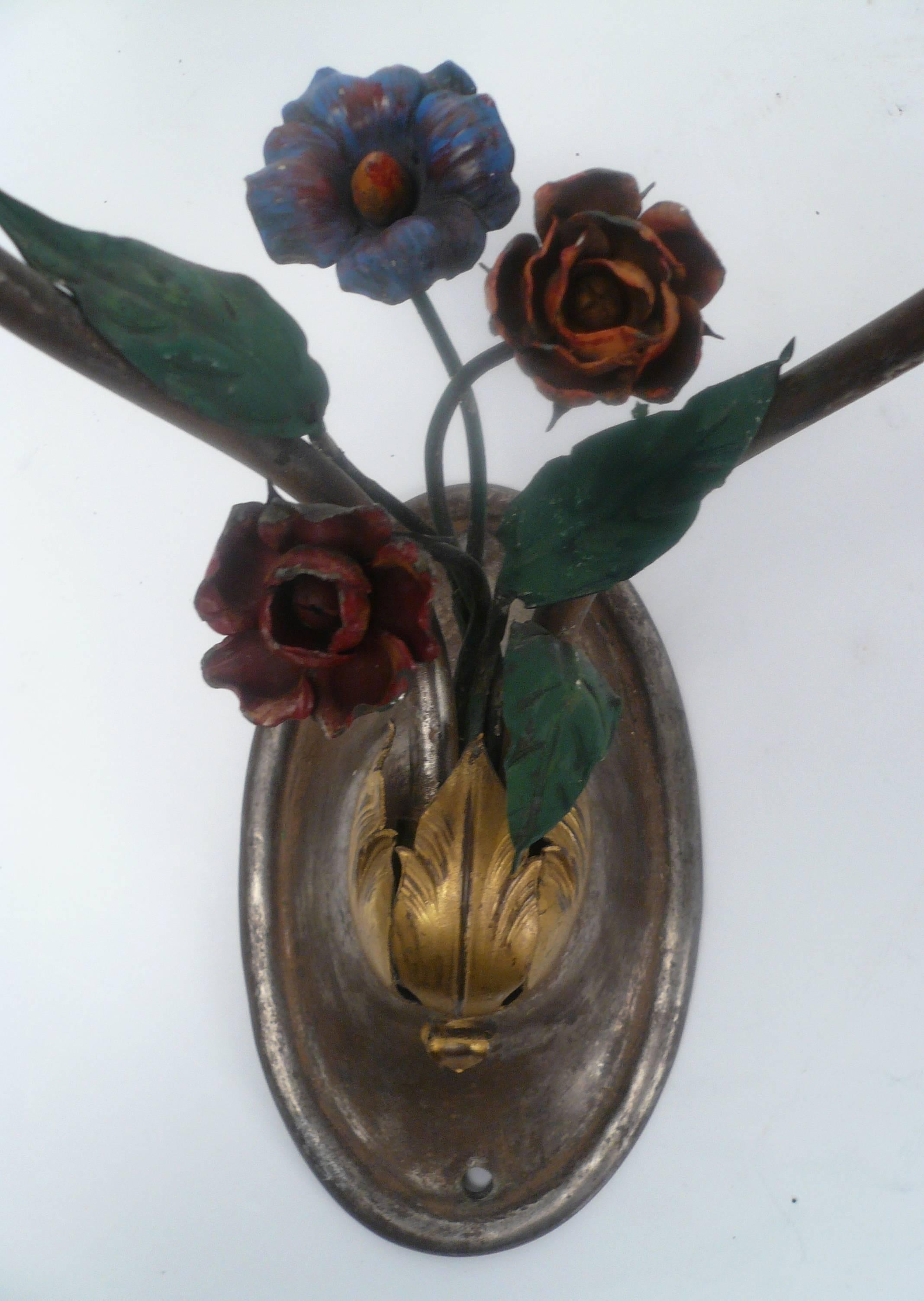 Pair of Patinated Bronze and Tole Floral Sconces 1