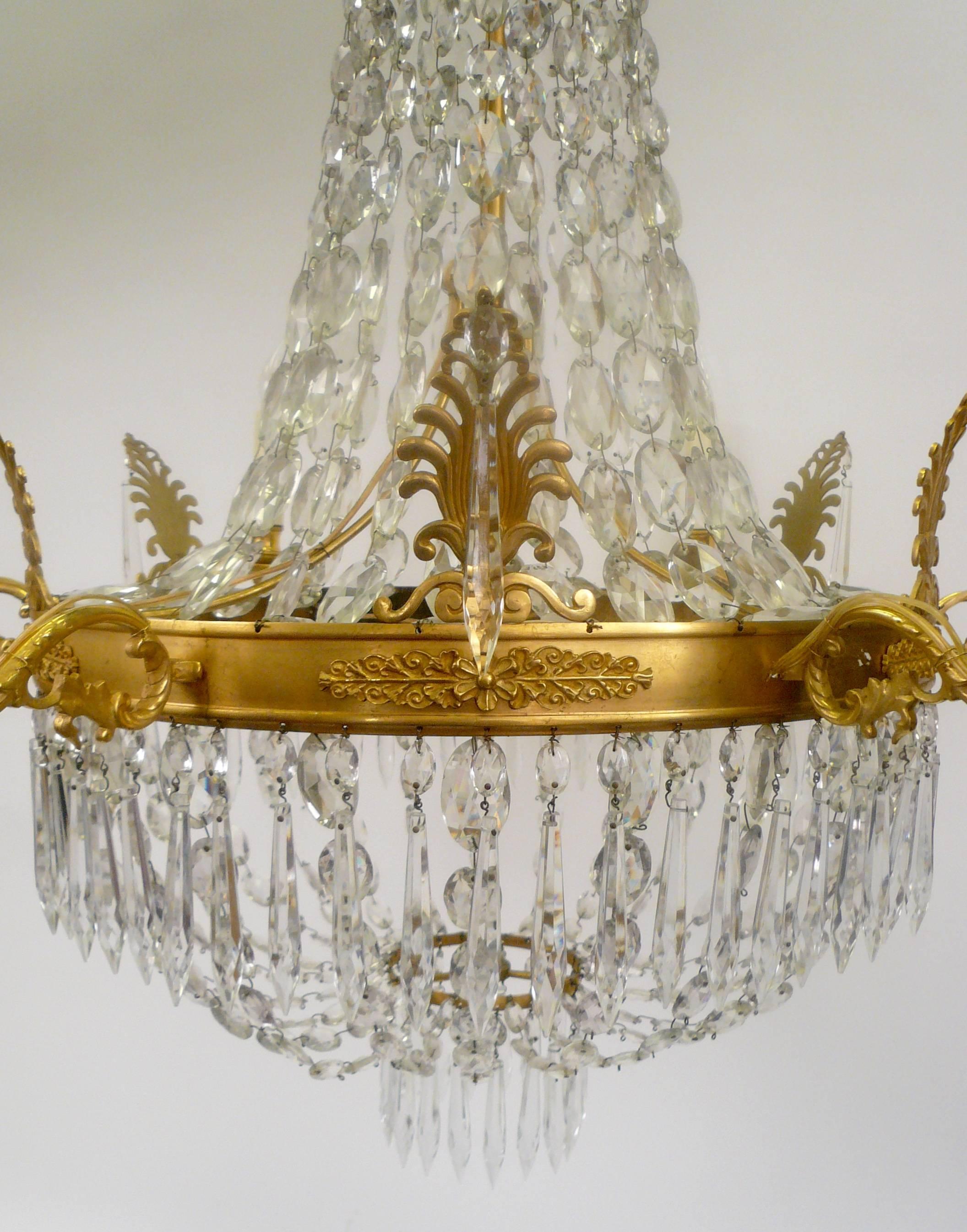 20th Century Gilt Bronze and Crystal Empire Style Chandelier