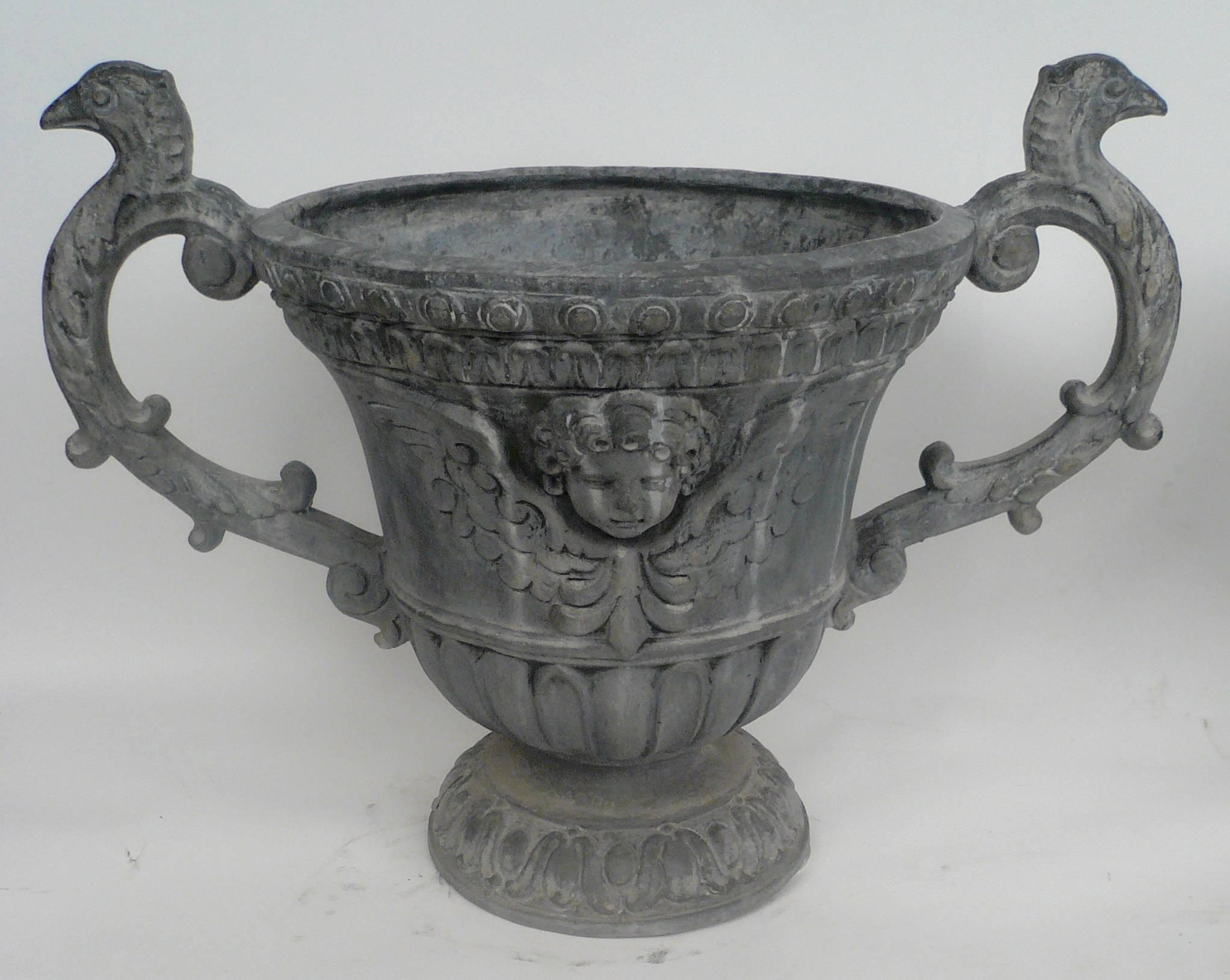 Pair of Old English Style Lead Garden Urns In Excellent Condition In Pittsburgh, PA