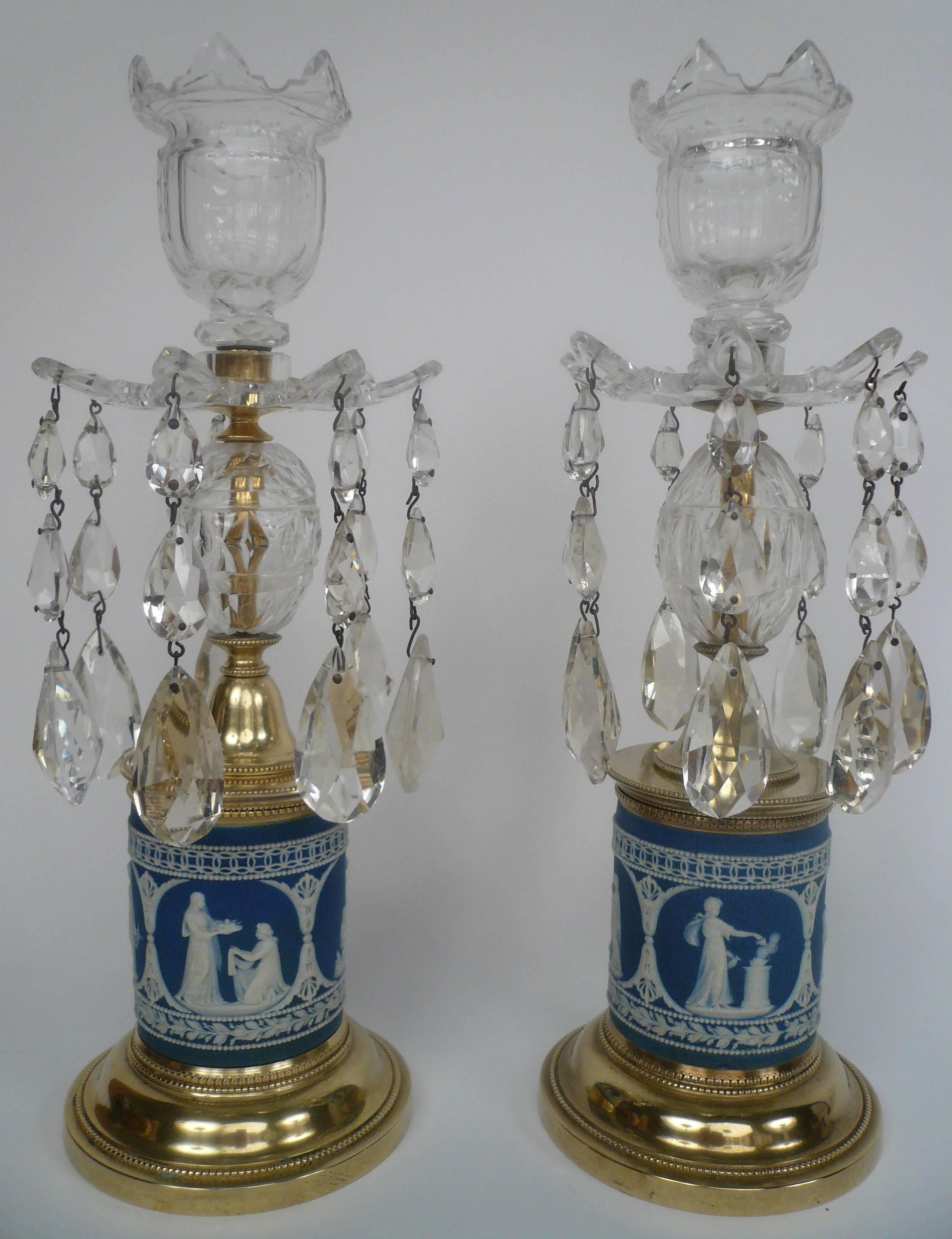 Brass Pair of 19th Century George III Style Jasperware Candlesticks For Sale