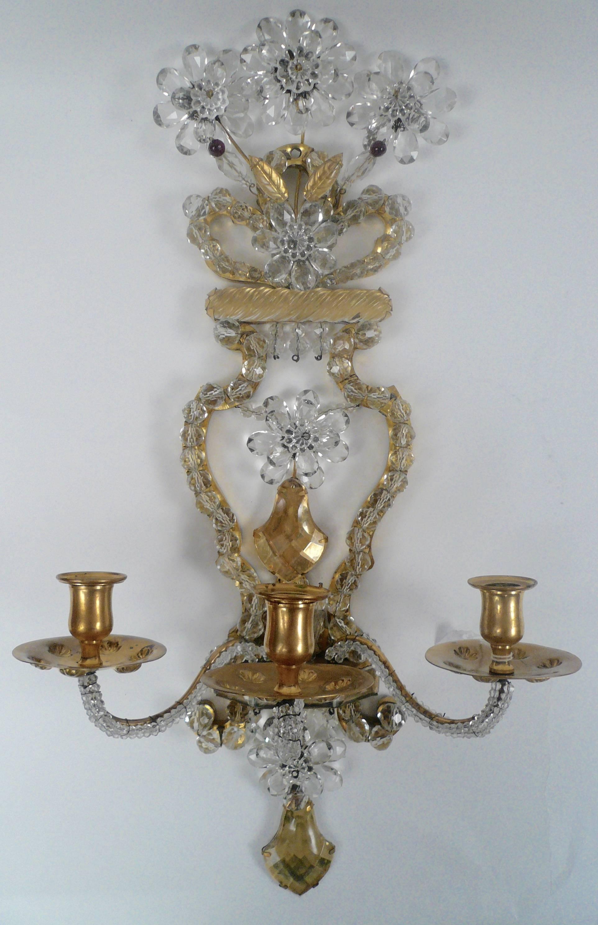 Faceted Pair of Early 20th Century, French Bronze and Crystal Sconces