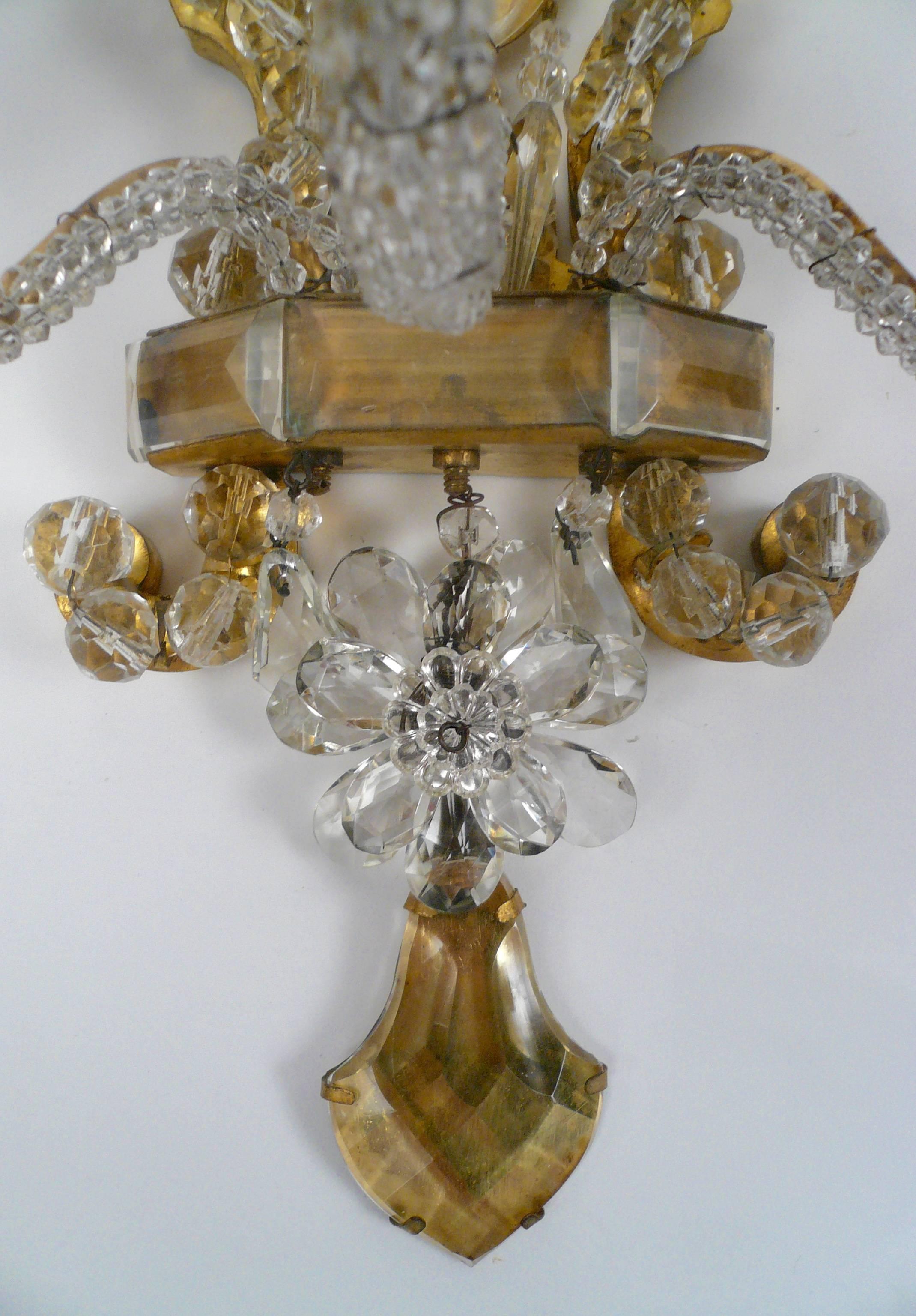 Pair of Early 20th Century, French Bronze and Crystal Sconces In Excellent Condition In Pittsburgh, PA