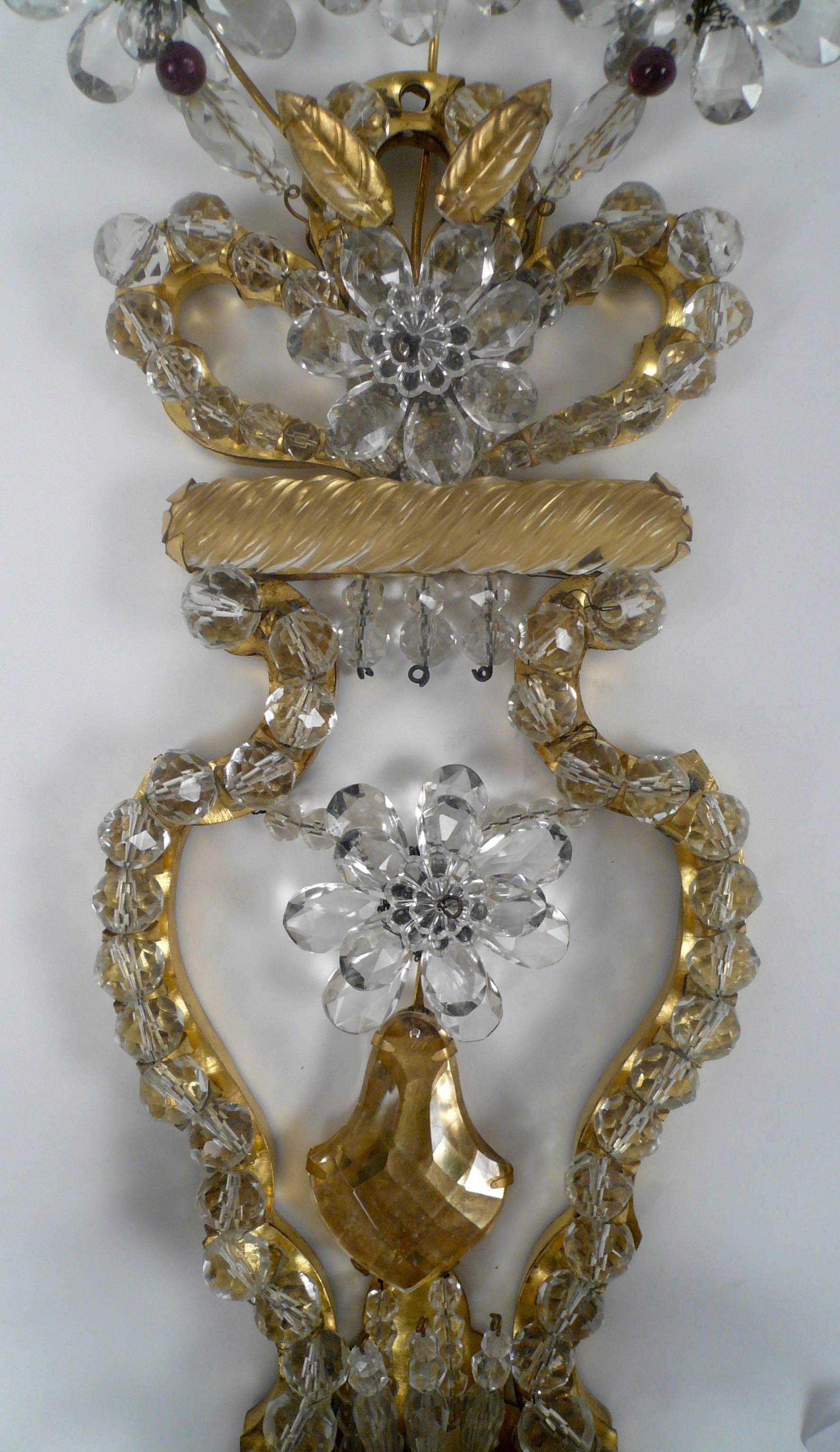 Belle Époque Pair of Early 20th Century, French Bronze and Crystal Sconces