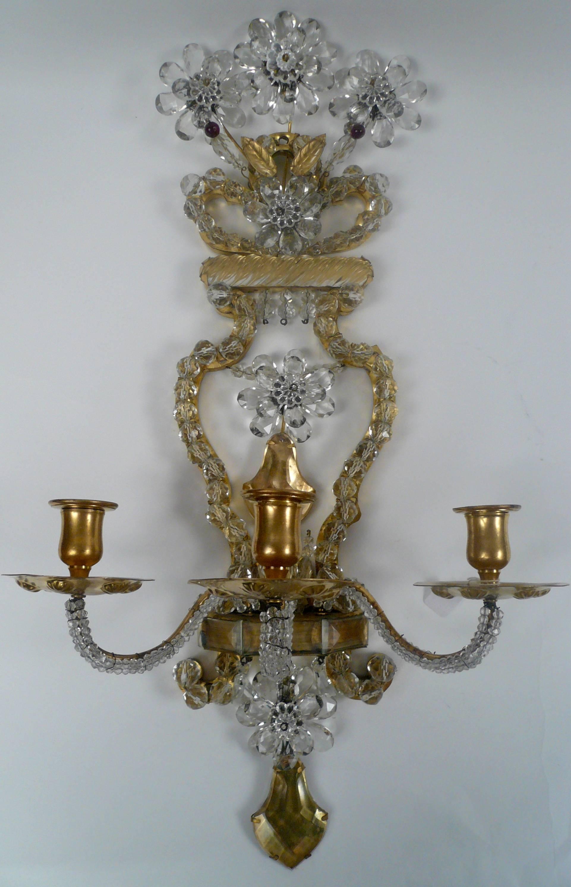 Pair of Early 20th Century, French Bronze and Crystal Sconces 1