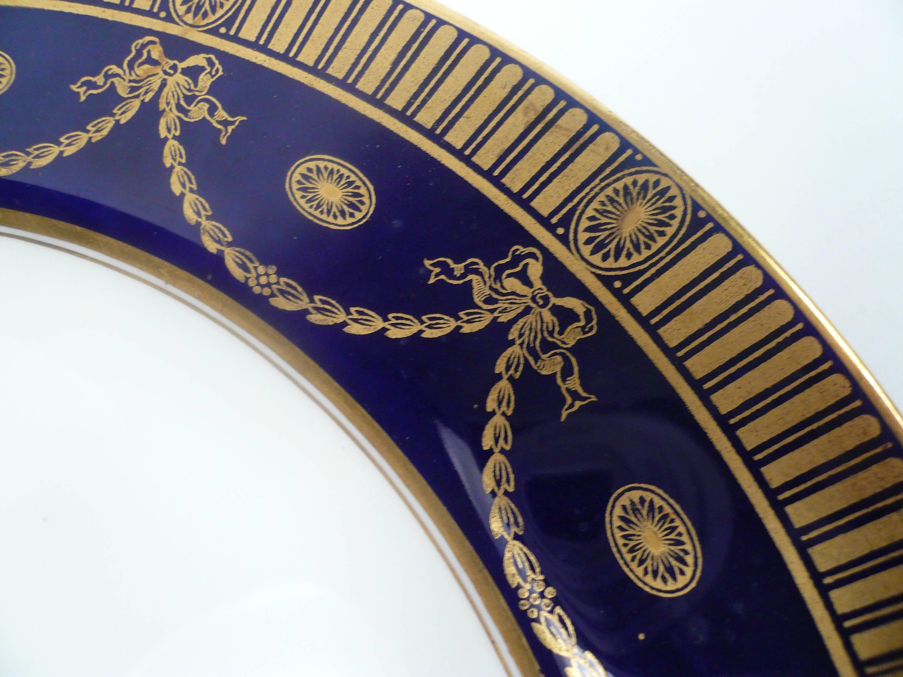 These fine cobalt blue and gilt porcelain plates by Spode, were retailed by Bailey, Banks, and Biddle.