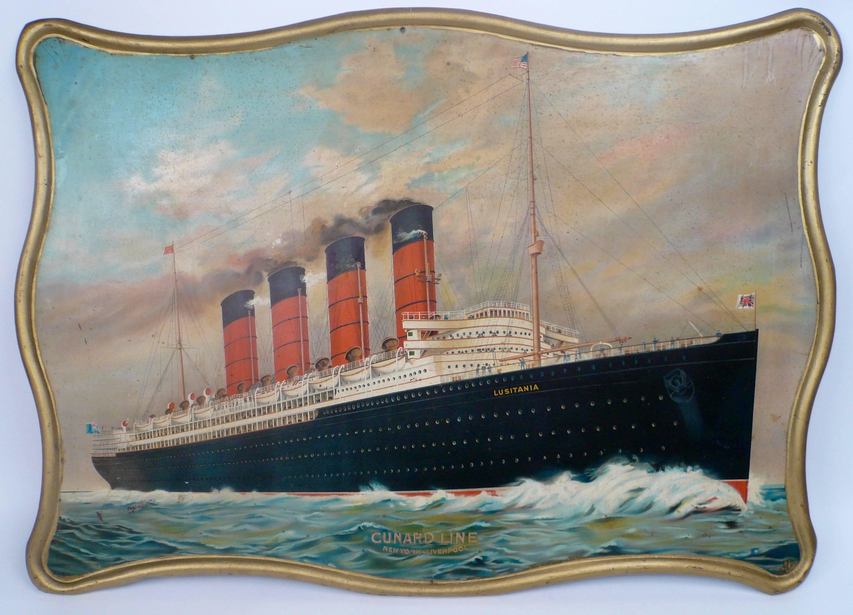 20th Century Large Advertising Lithograph on Tin of the Lusitania