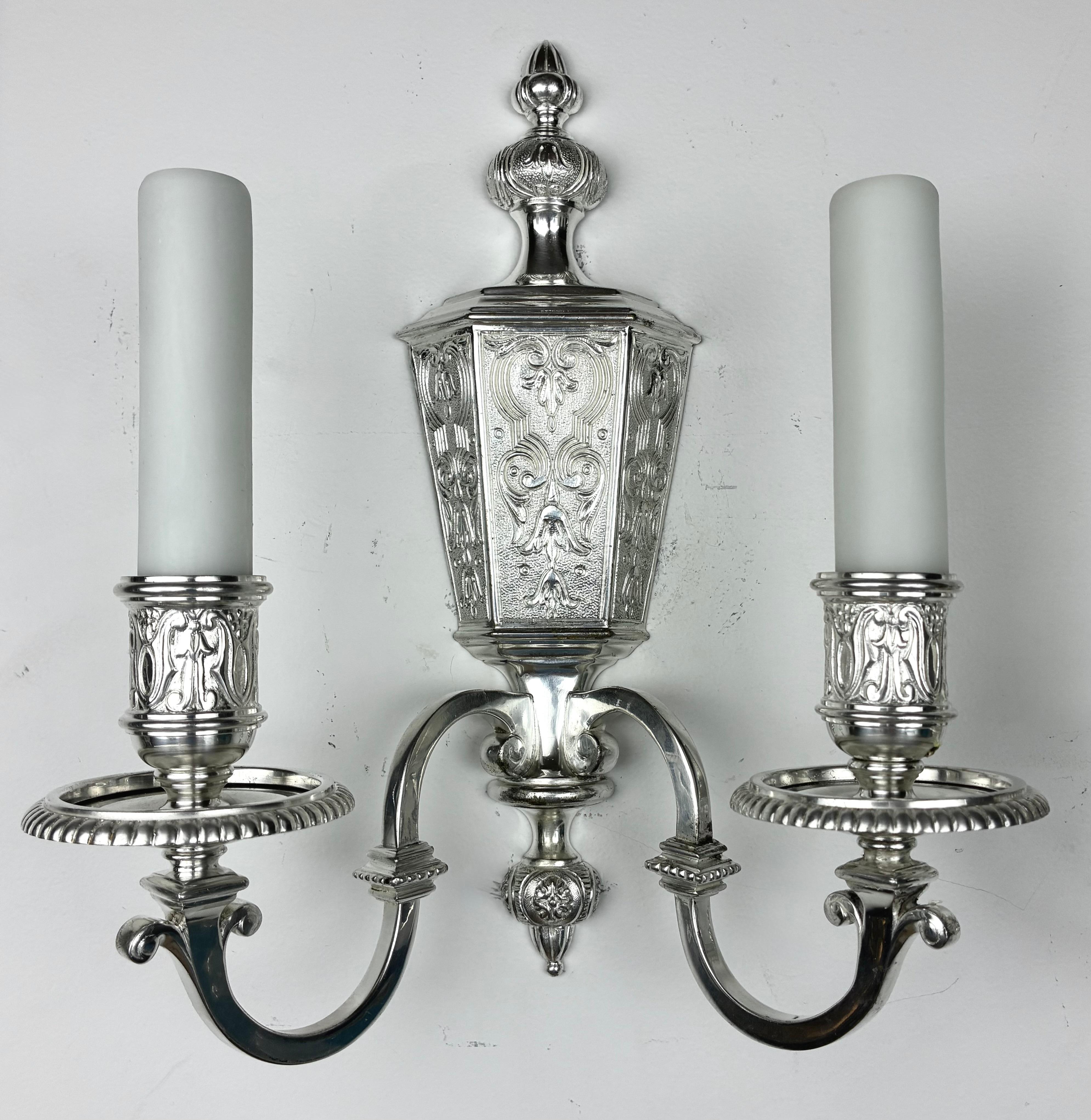 This handsome pair of silvered bronze two light sconces are attributed to the renowned firm of Edward F. Caldwell.
They have been newly reworked and are ready for use.