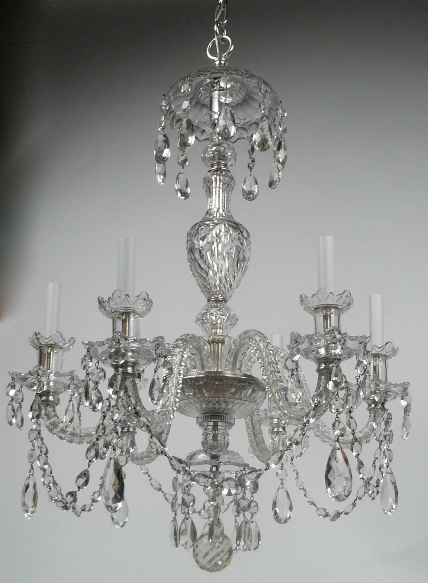 Faceted Georgian Style Cut Crystal Six Light Chandelier, by E. F. Caldwell