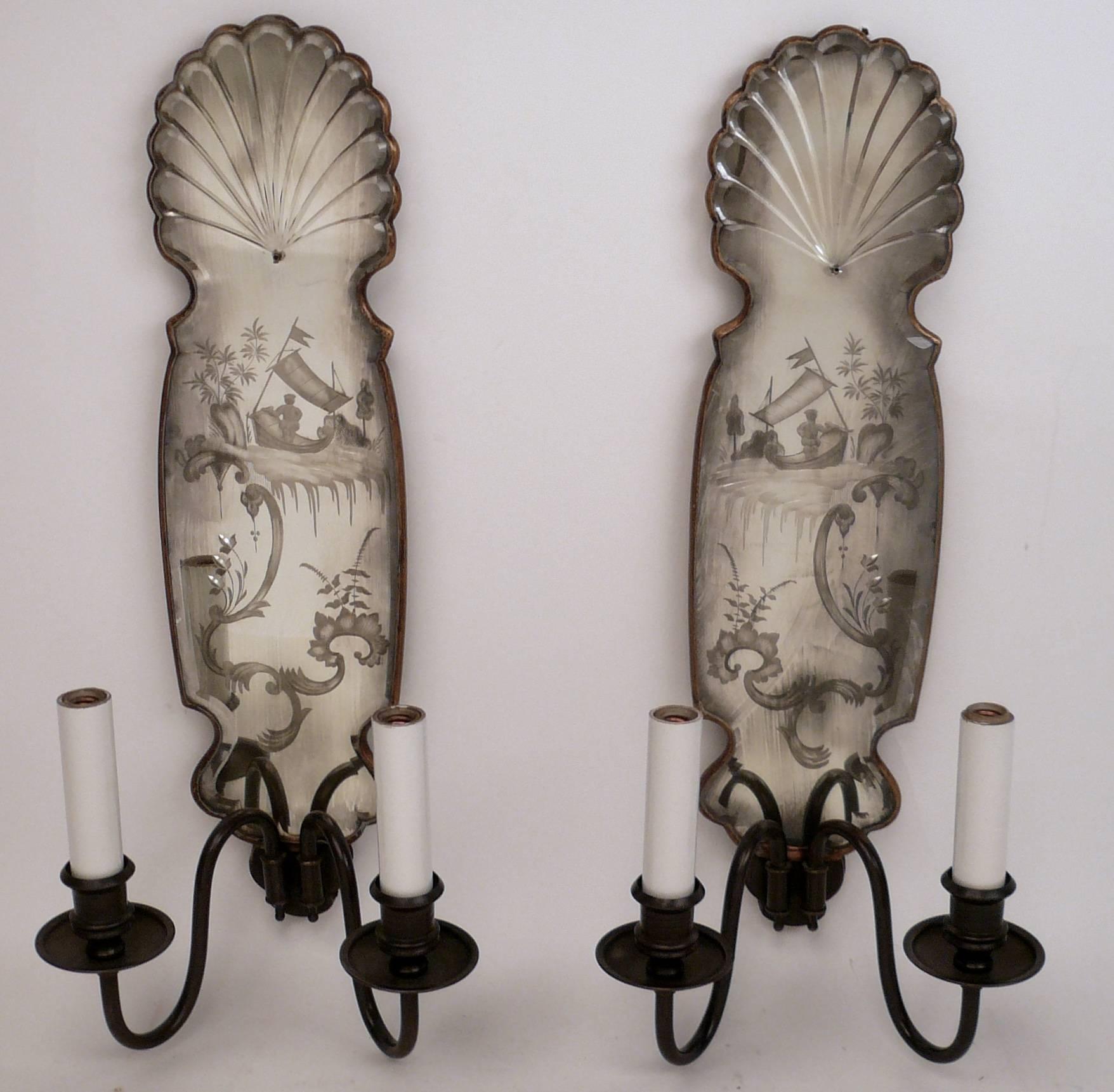 20th Century Set of Four Chinoiserie Motif Mirrored Back Sconces, by E.F. Caldwell