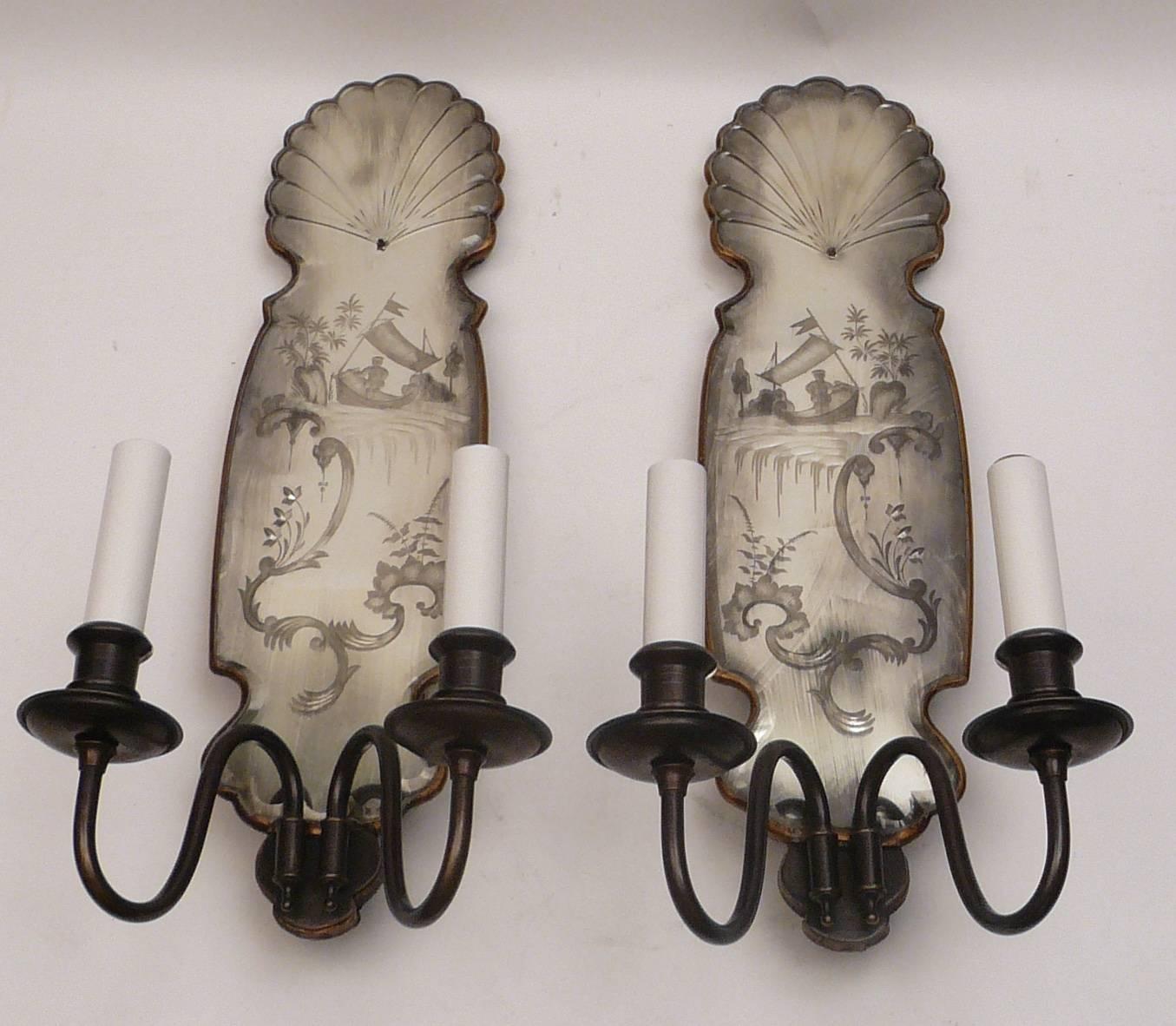 American Set of Four Chinoiserie Motif Mirrored Back Sconces, by E.F. Caldwell