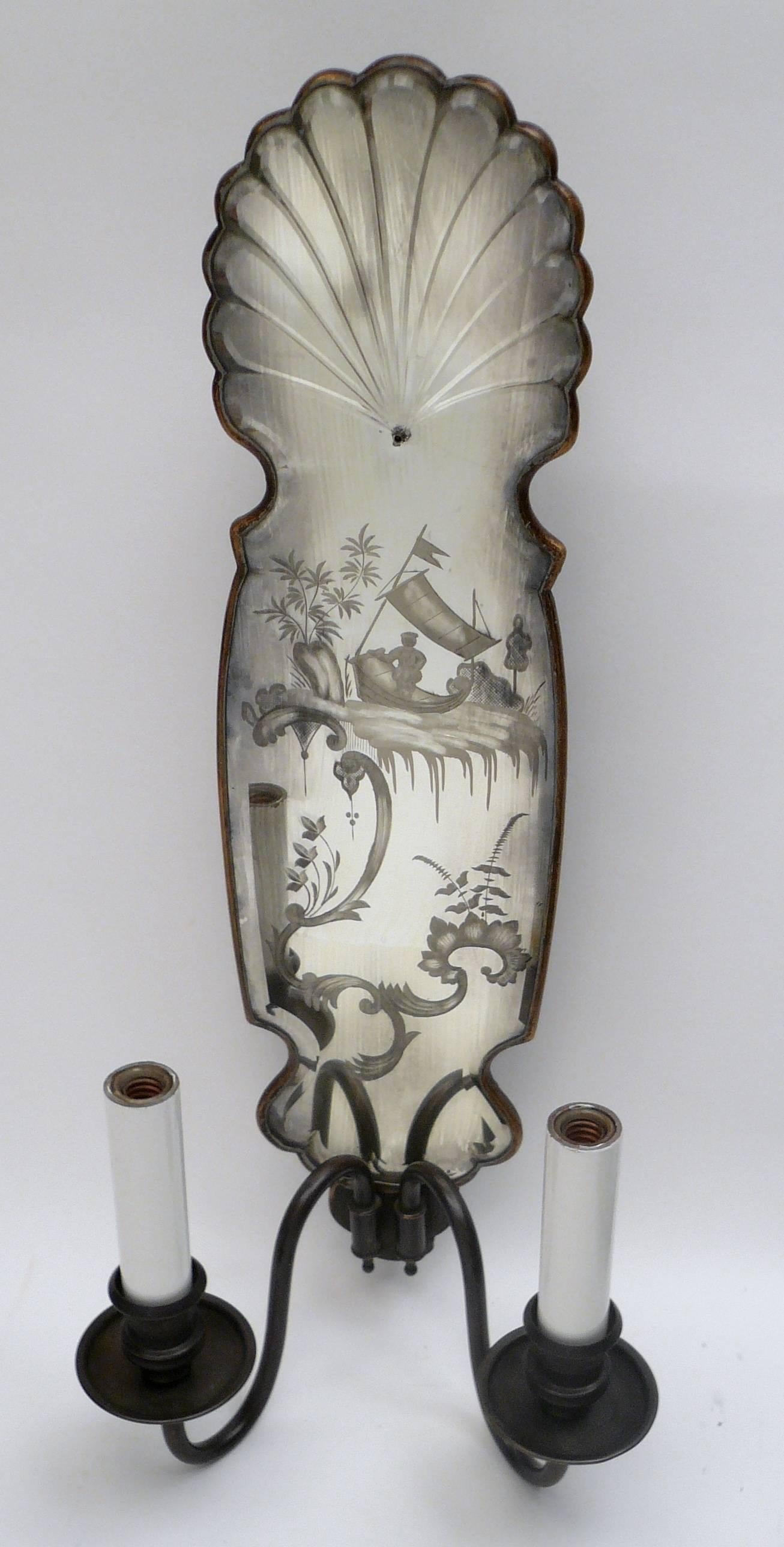 Faceted Set of Four Chinoiserie Motif Mirrored Back Sconces, by E.F. Caldwell