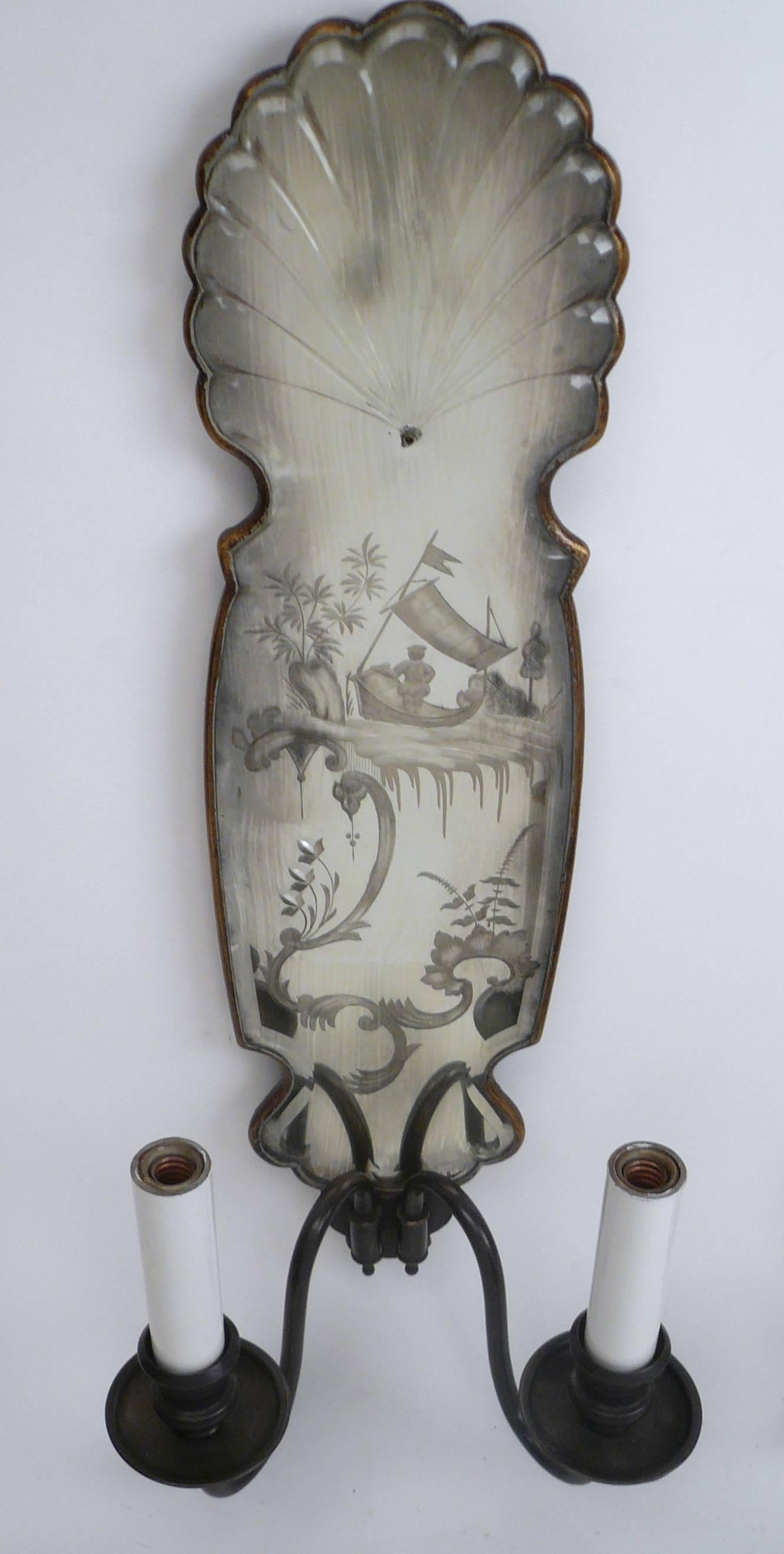 Set of Four Chinoiserie Motif Mirrored Back Sconces, by E.F. Caldwell 1