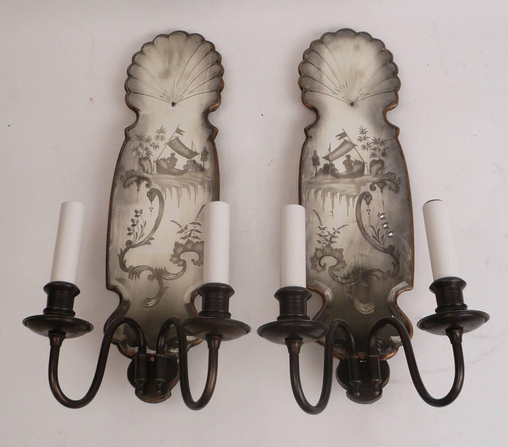 Set of Four Chinoiserie Motif Mirrored Back Sconces, by E.F. Caldwell 2