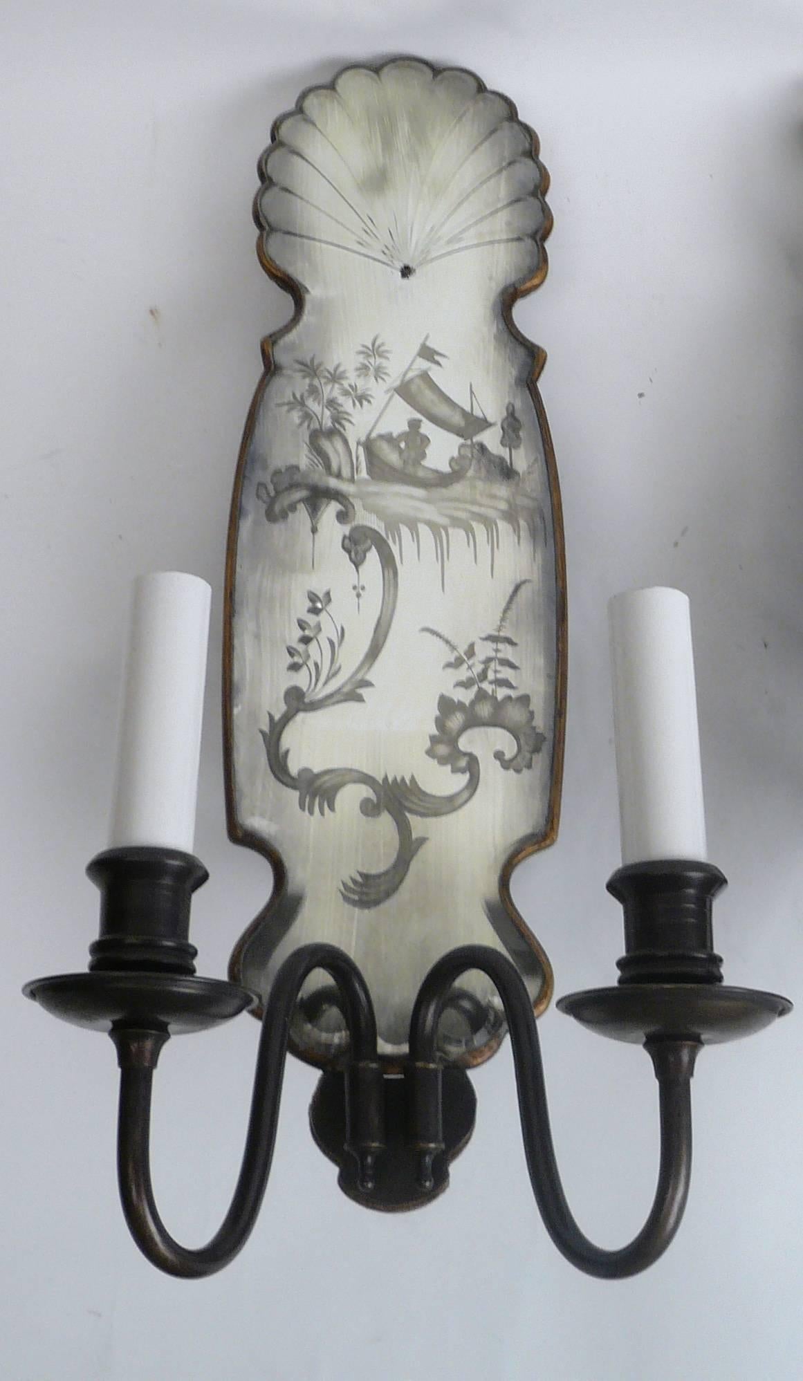 Set of Four Chinoiserie Motif Mirrored Back Sconces, by E.F. Caldwell 3