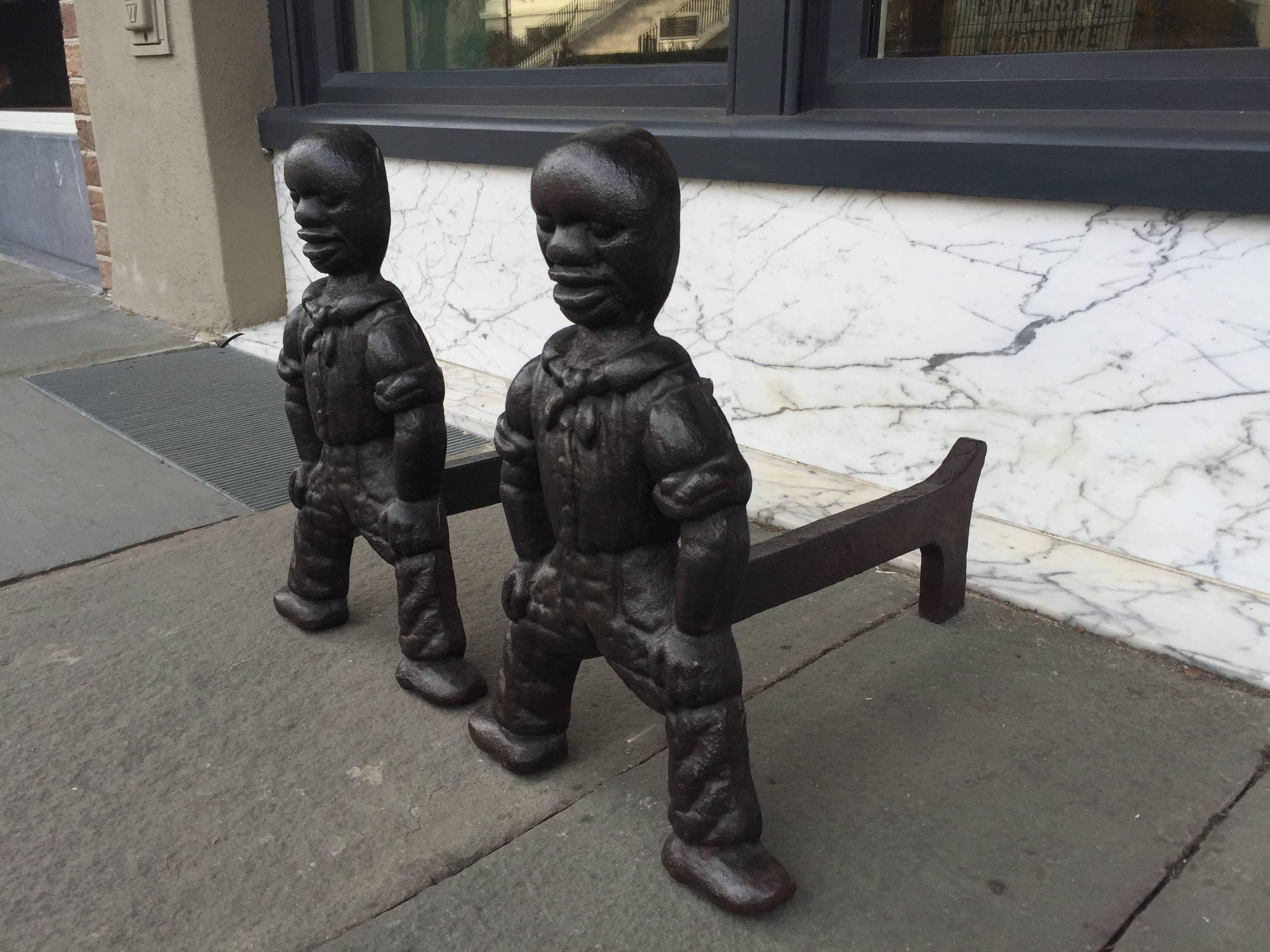 Cast Iron Figural Andirons, circa 1870, American In Excellent Condition For Sale In Charleston, SC