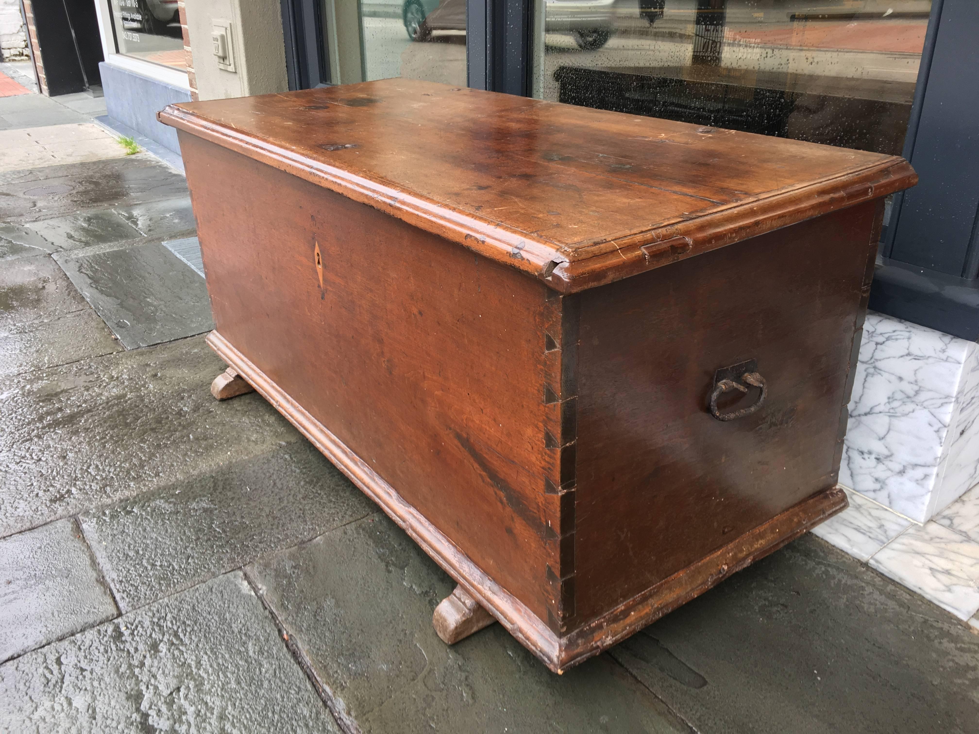 Walnut blanket chest on slipper foot with nicely figured walnut, circa 1750.