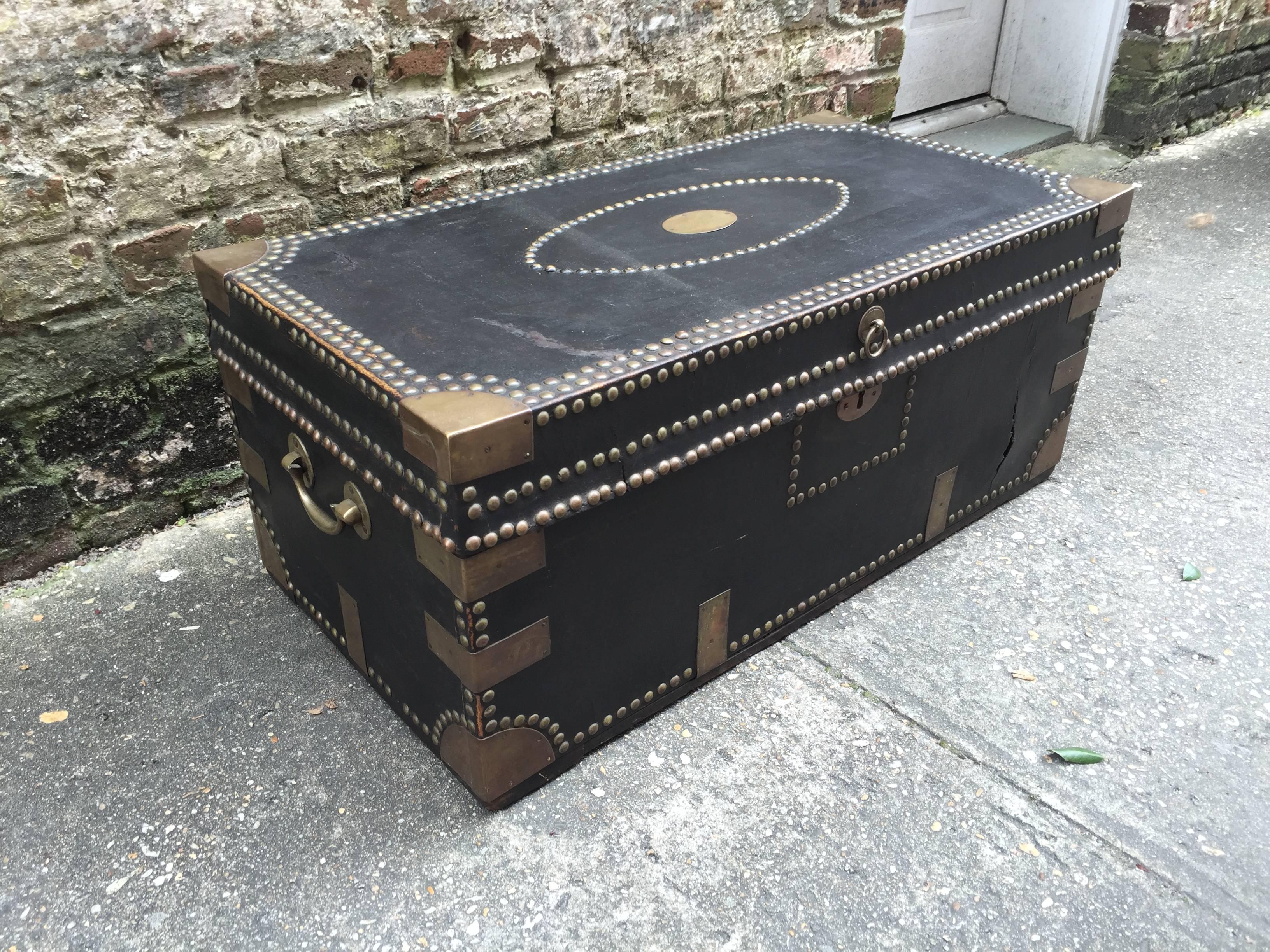 Late 19th Century Leather and Brass Tack Adorned Camphor Trunk