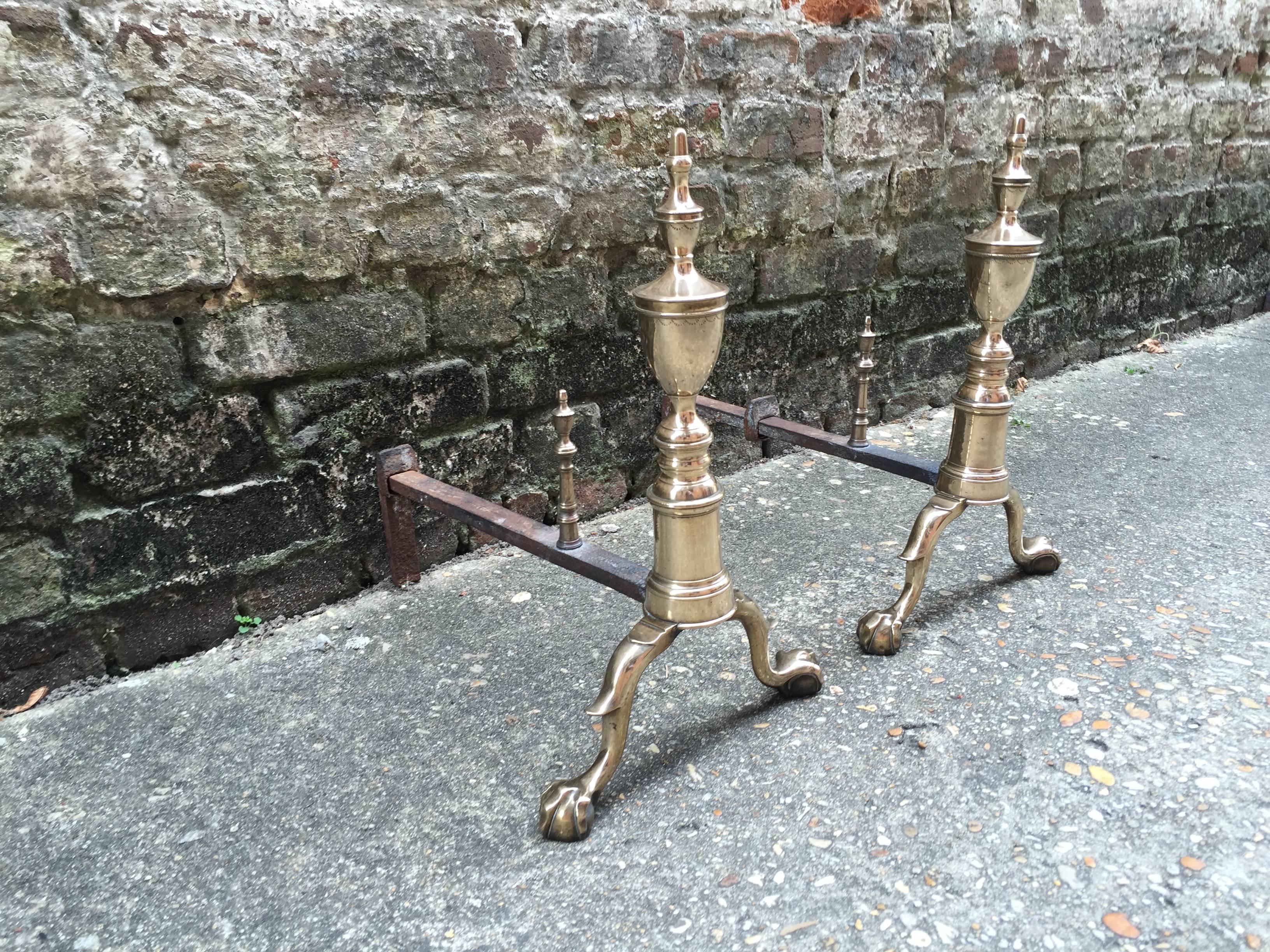 Brass Pair of American Paw Foot Andirons from the Late 18th Century