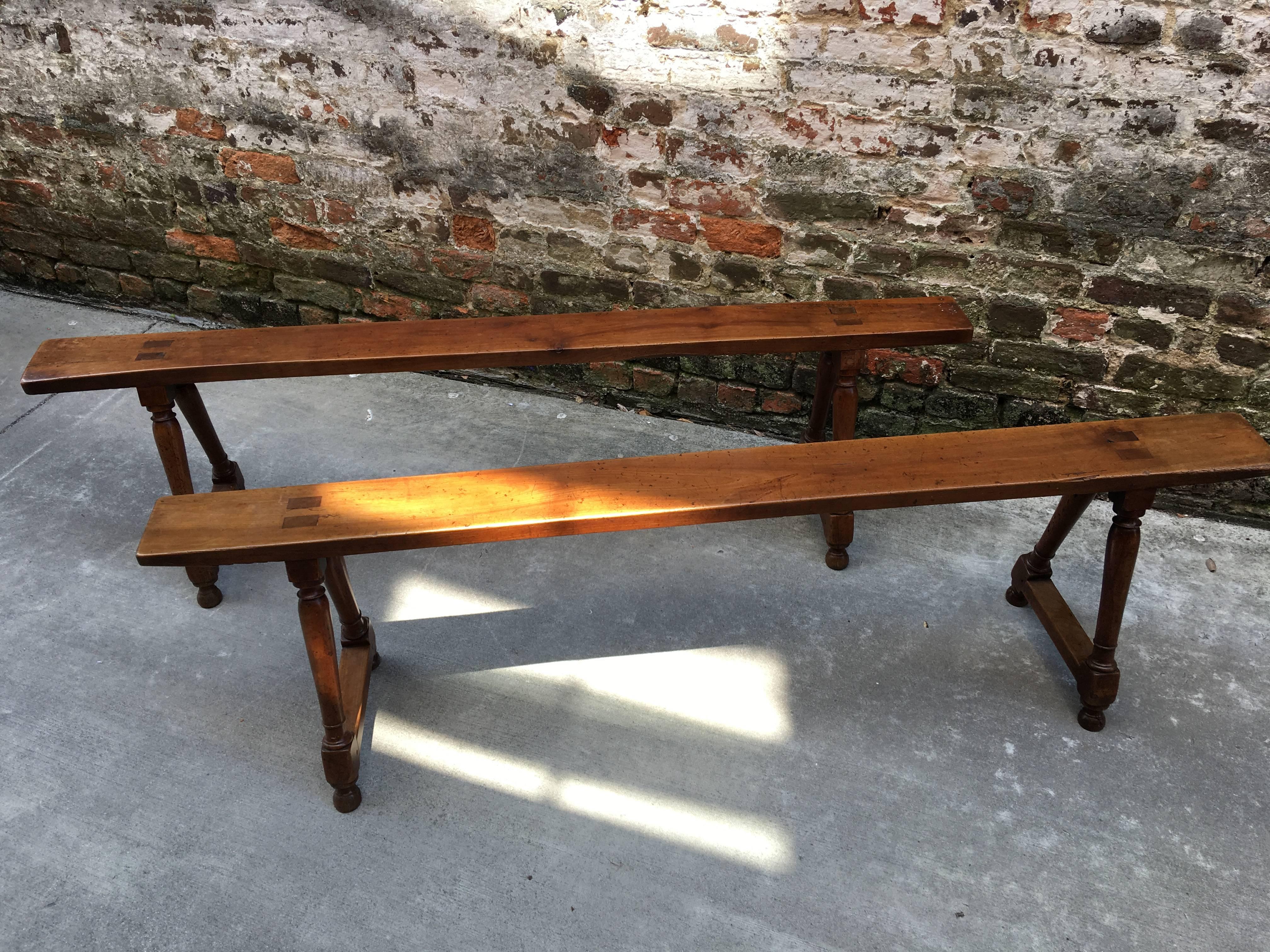 Pair of French 19th Century Walnut Benches In Excellent Condition In Charleston, SC