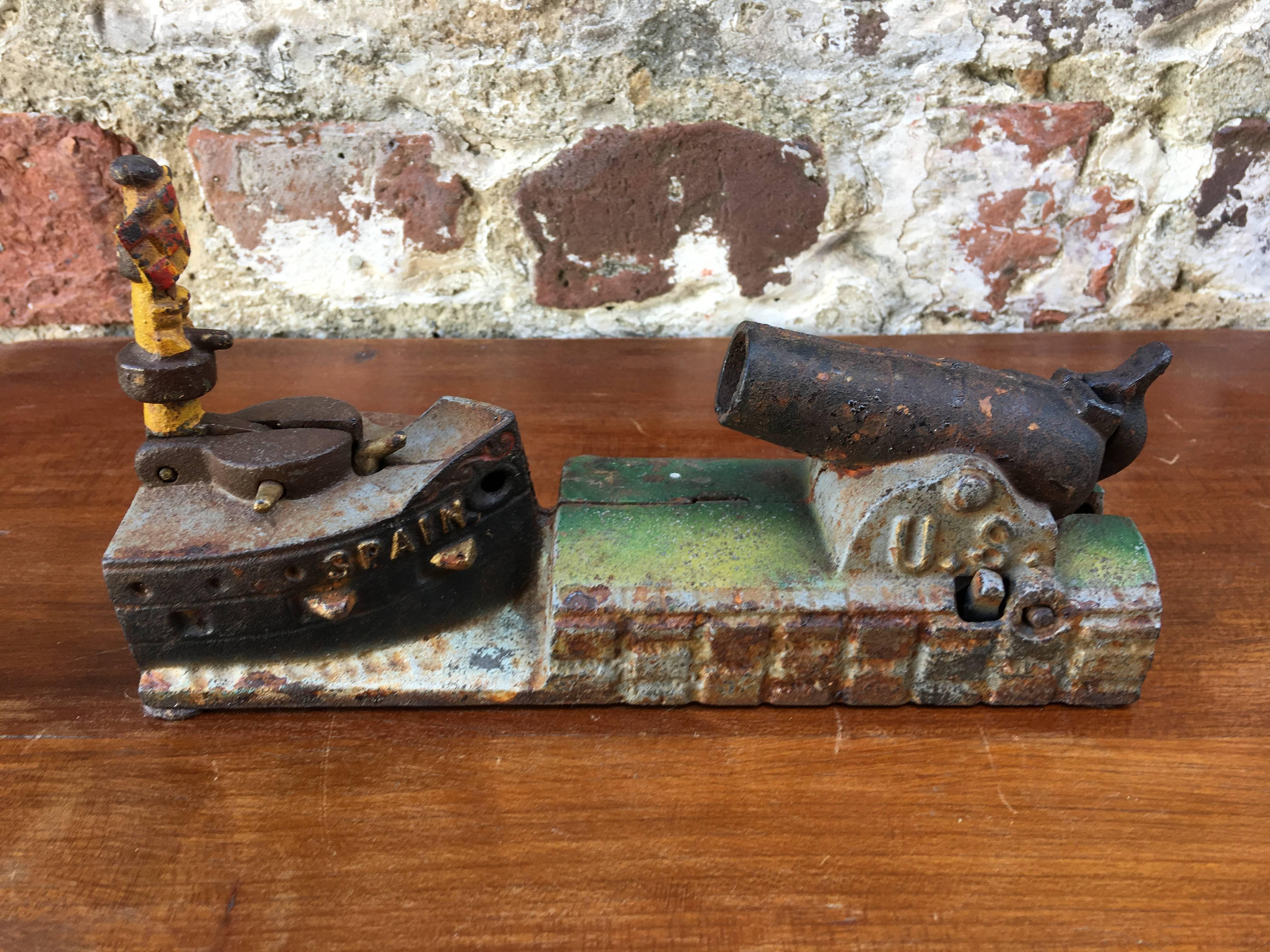 20th Century Mechanical Bank Depicting Spanish American War In Good Condition In Charleston, SC