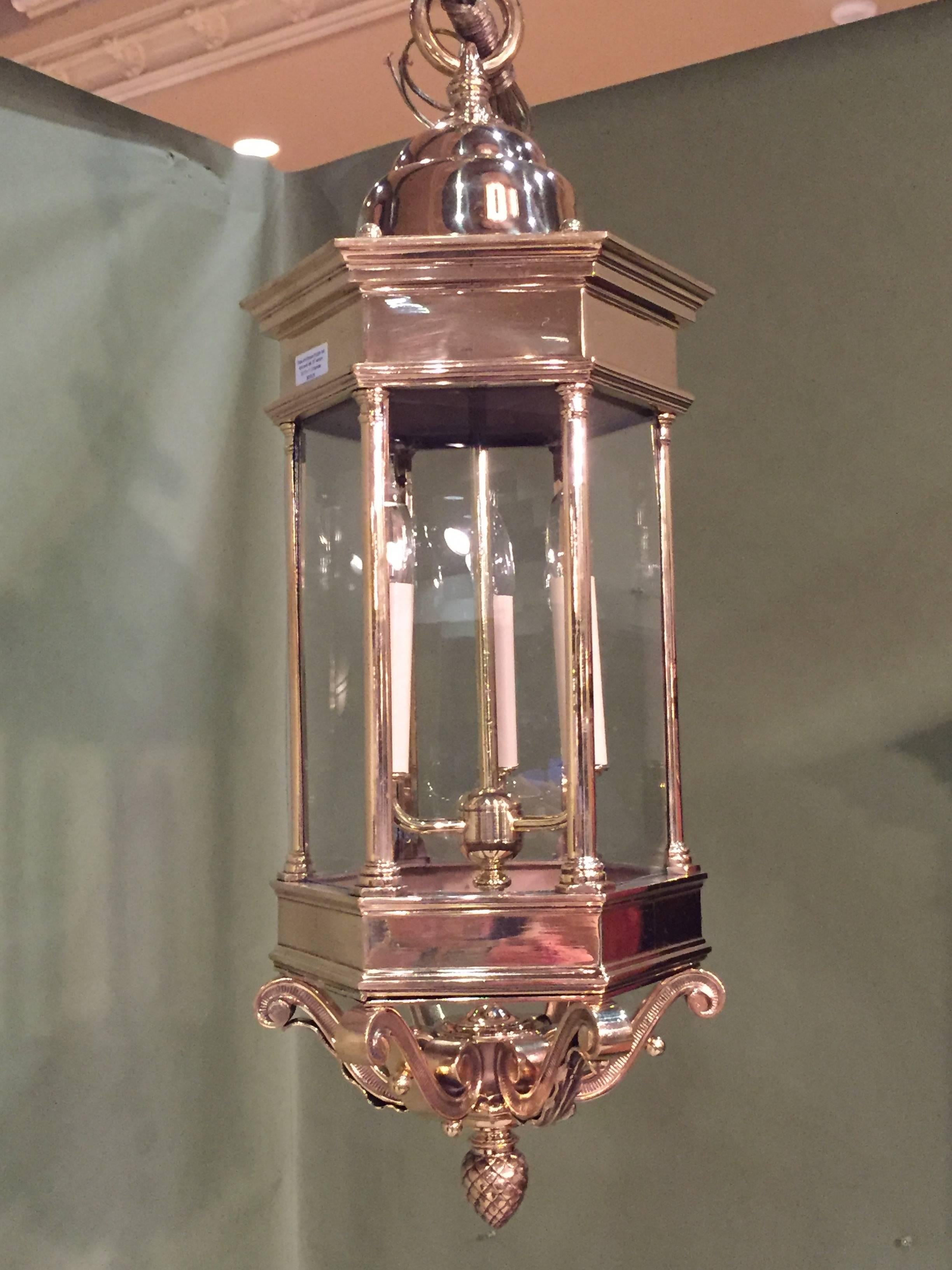 English Brass Hanging Hall Light with Nicely Formed Brass Work on Base In Excellent Condition In Charleston, SC