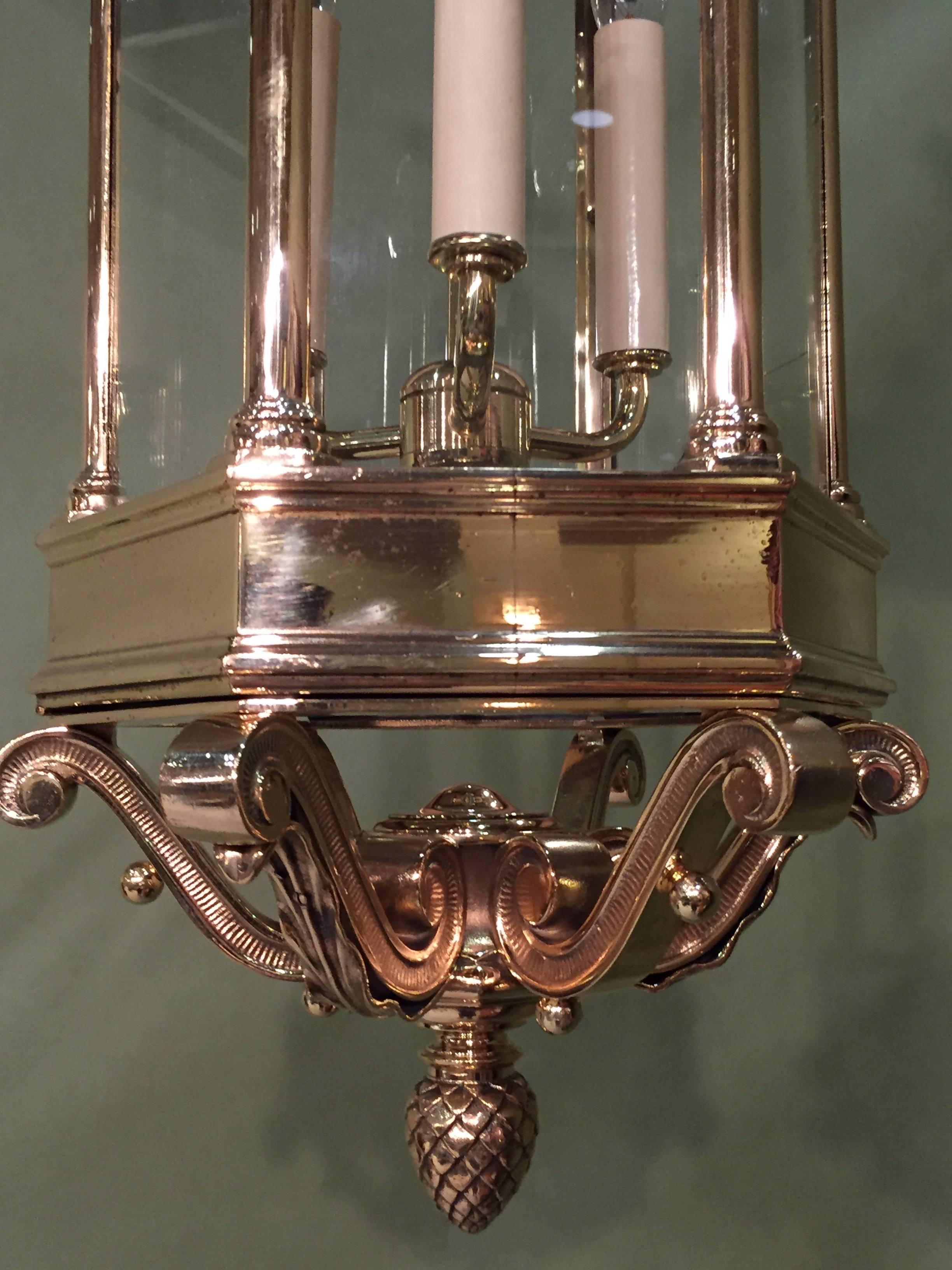 19th Century English Brass Hanging Hall Light with Nicely Formed Brass Work on Base