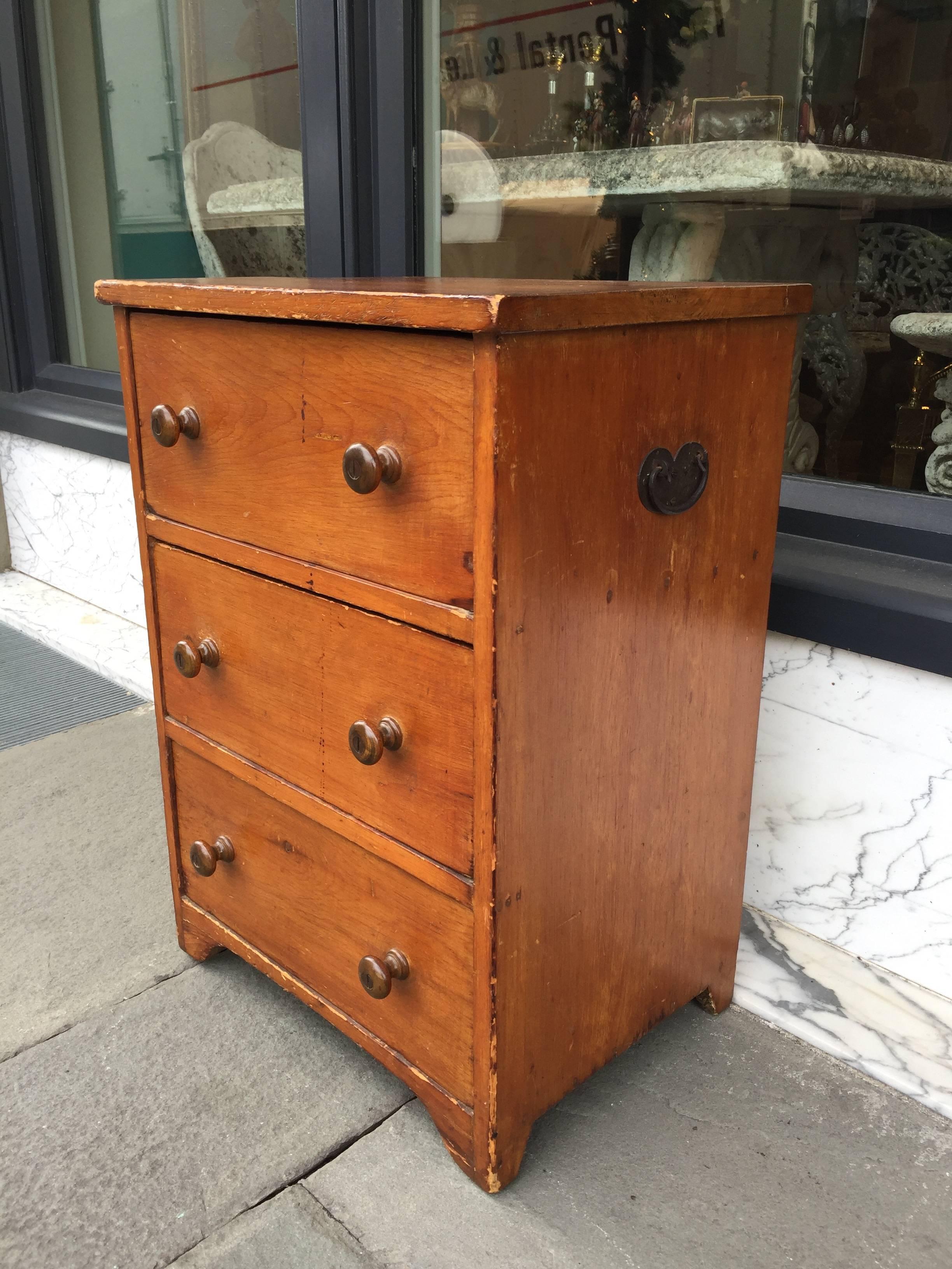 Mid-19th Century Diminutive American Pine Chest with Campaign Pulls Attached