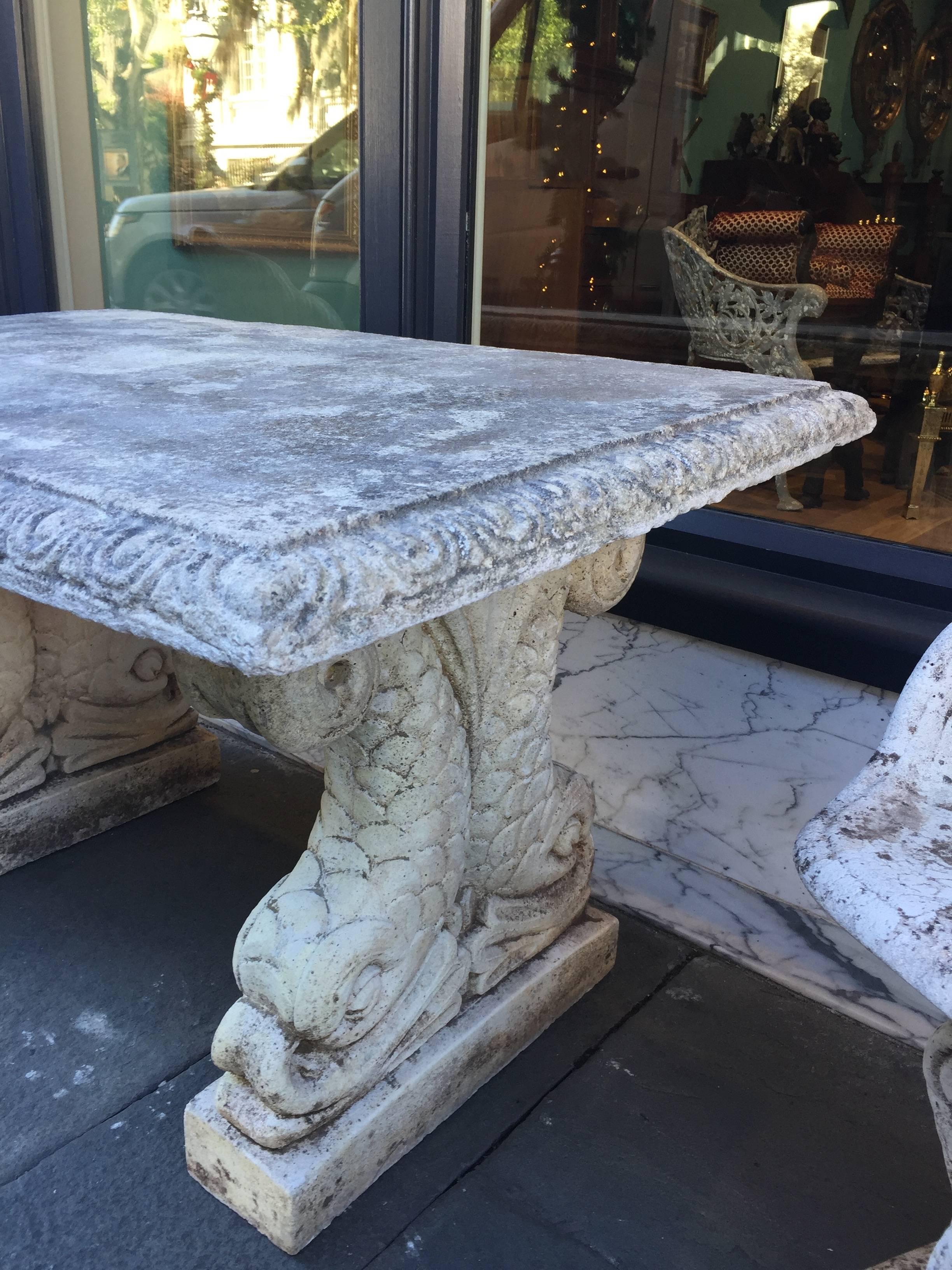 19th Century Cast Stone Italian Garden Table with Dolphin Bases In Excellent Condition In Charleston, SC