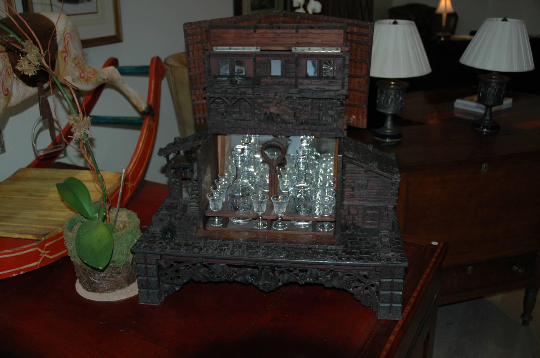 Early 20th Century Swiss Chalet Bar Set with Music Box In Good Condition In Charleston, SC