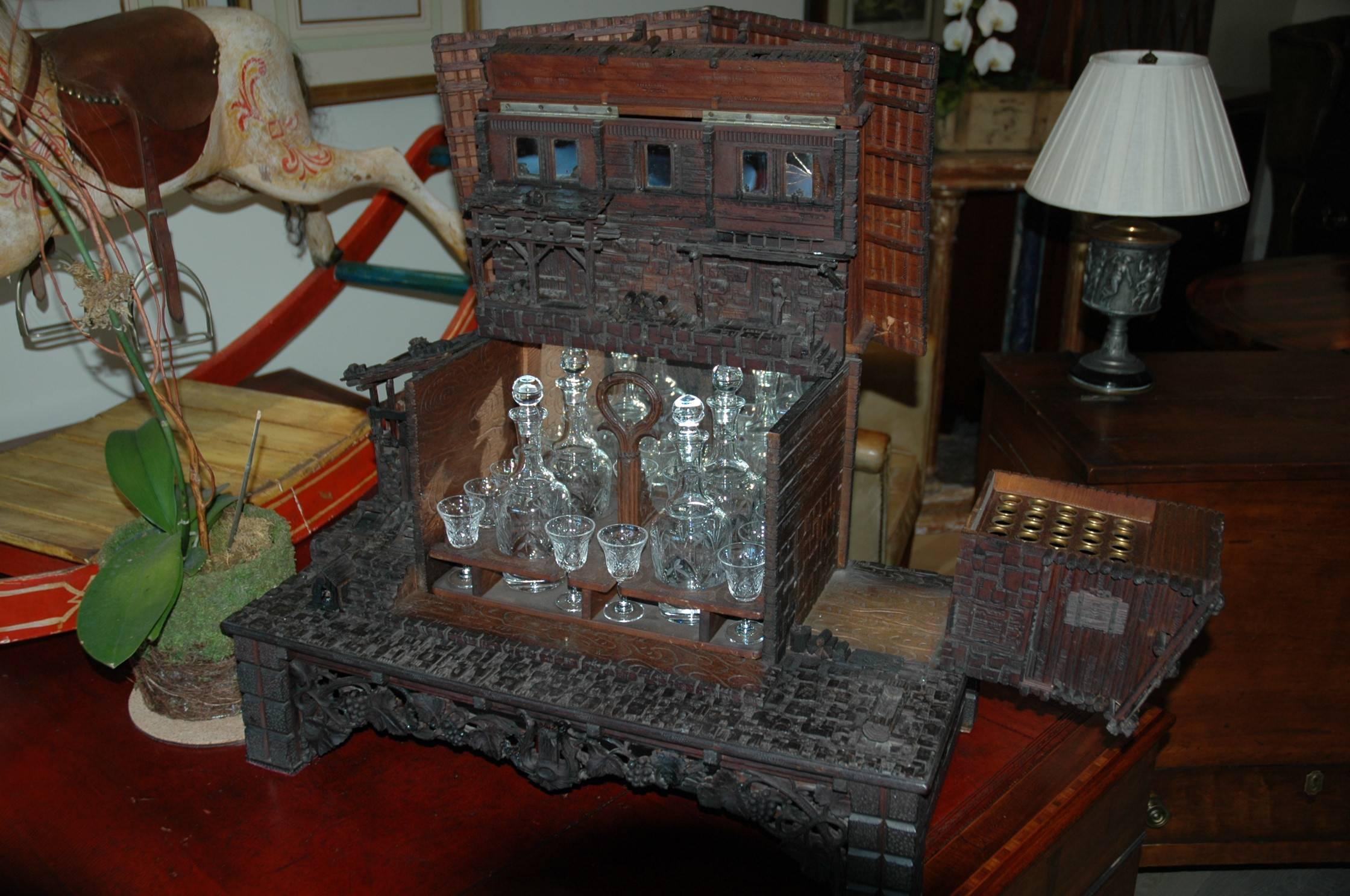 Wood Early 20th Century Swiss Chalet Bar Set with Music Box