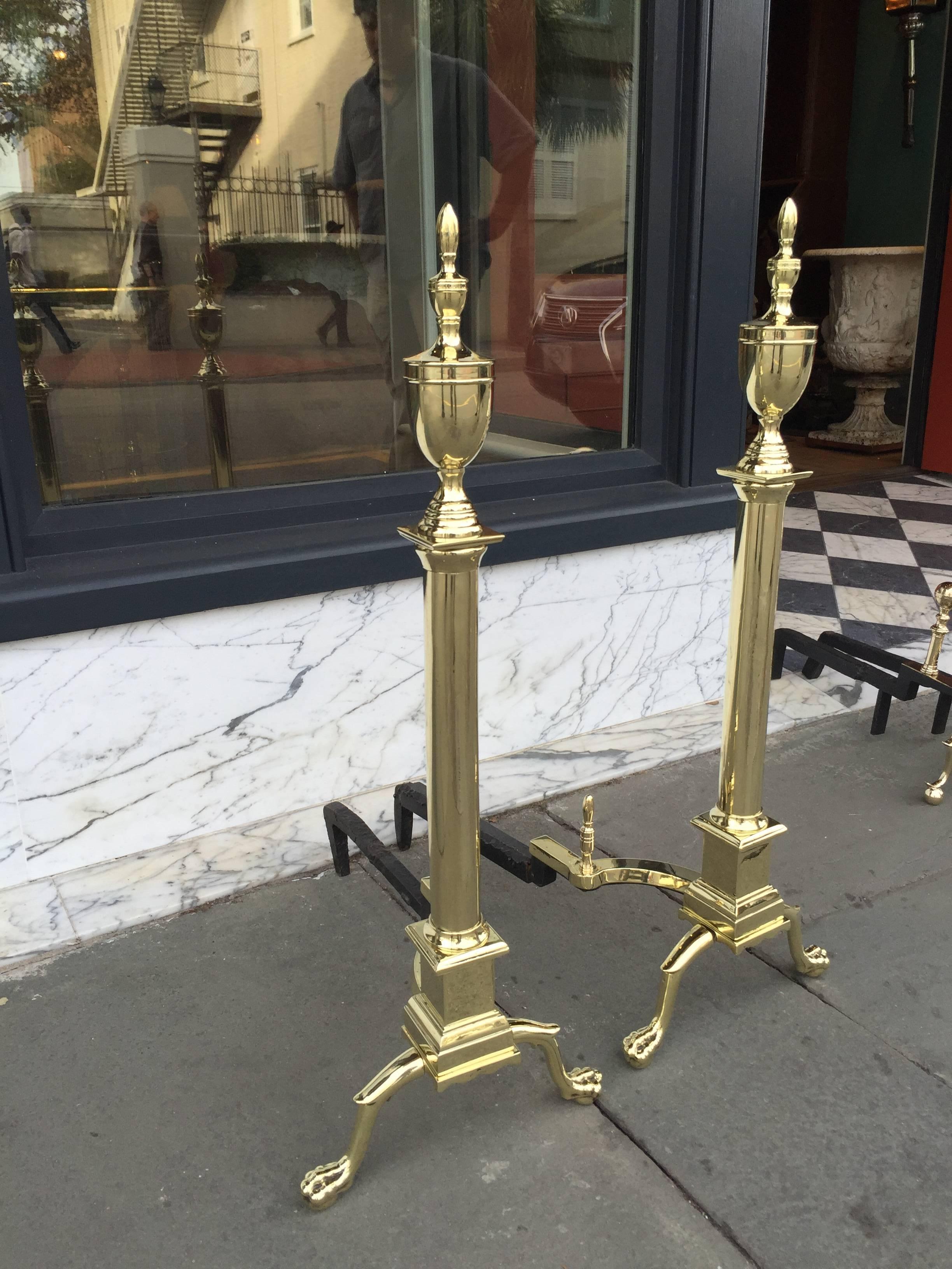 Pair of Late 19th Century Brass Urn Form Andirons with Logstops In Excellent Condition In Charleston, SC