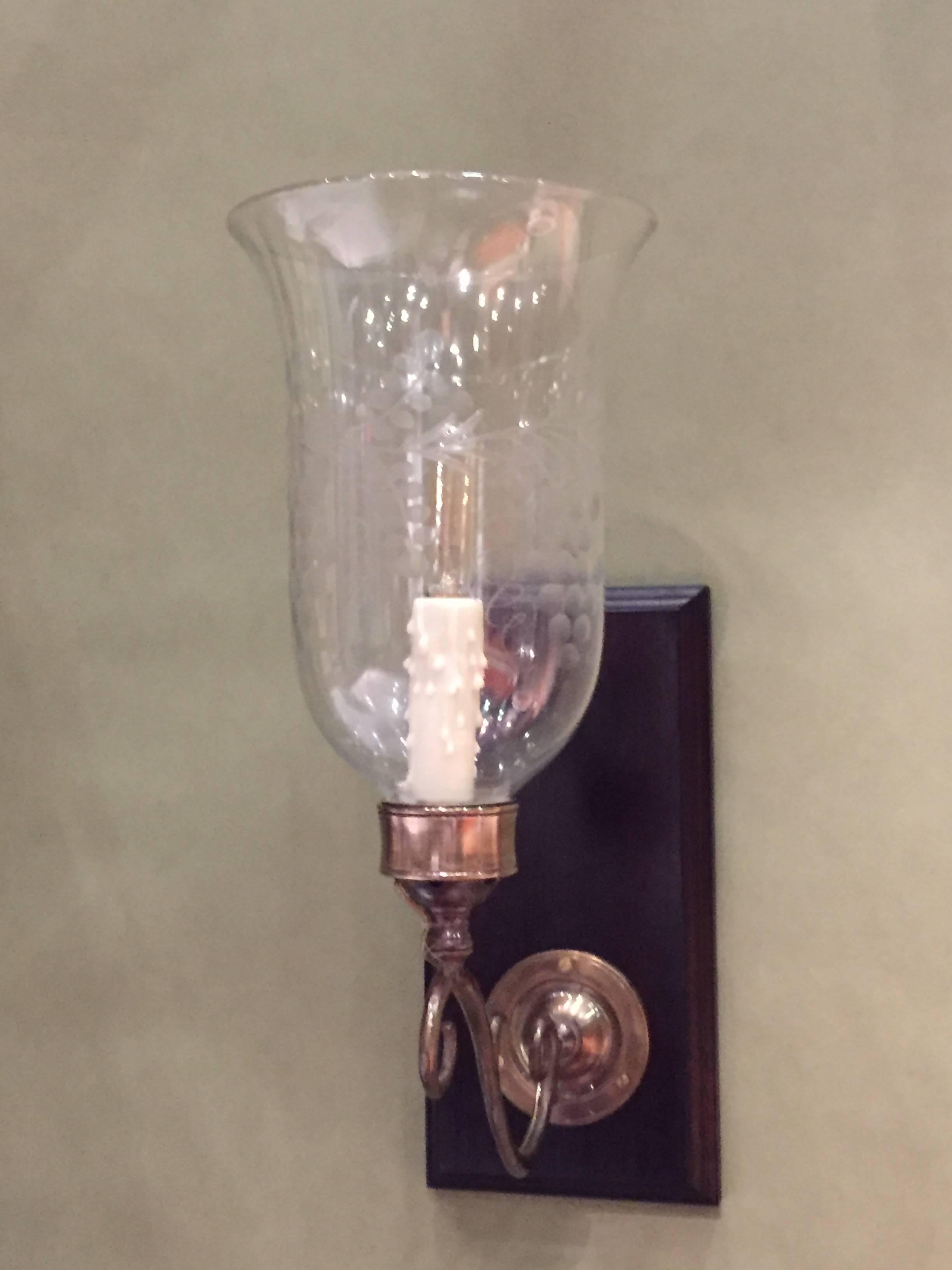 Pair of Hurricane Shade Sconces with Etched Glass In Excellent Condition In Charleston, SC