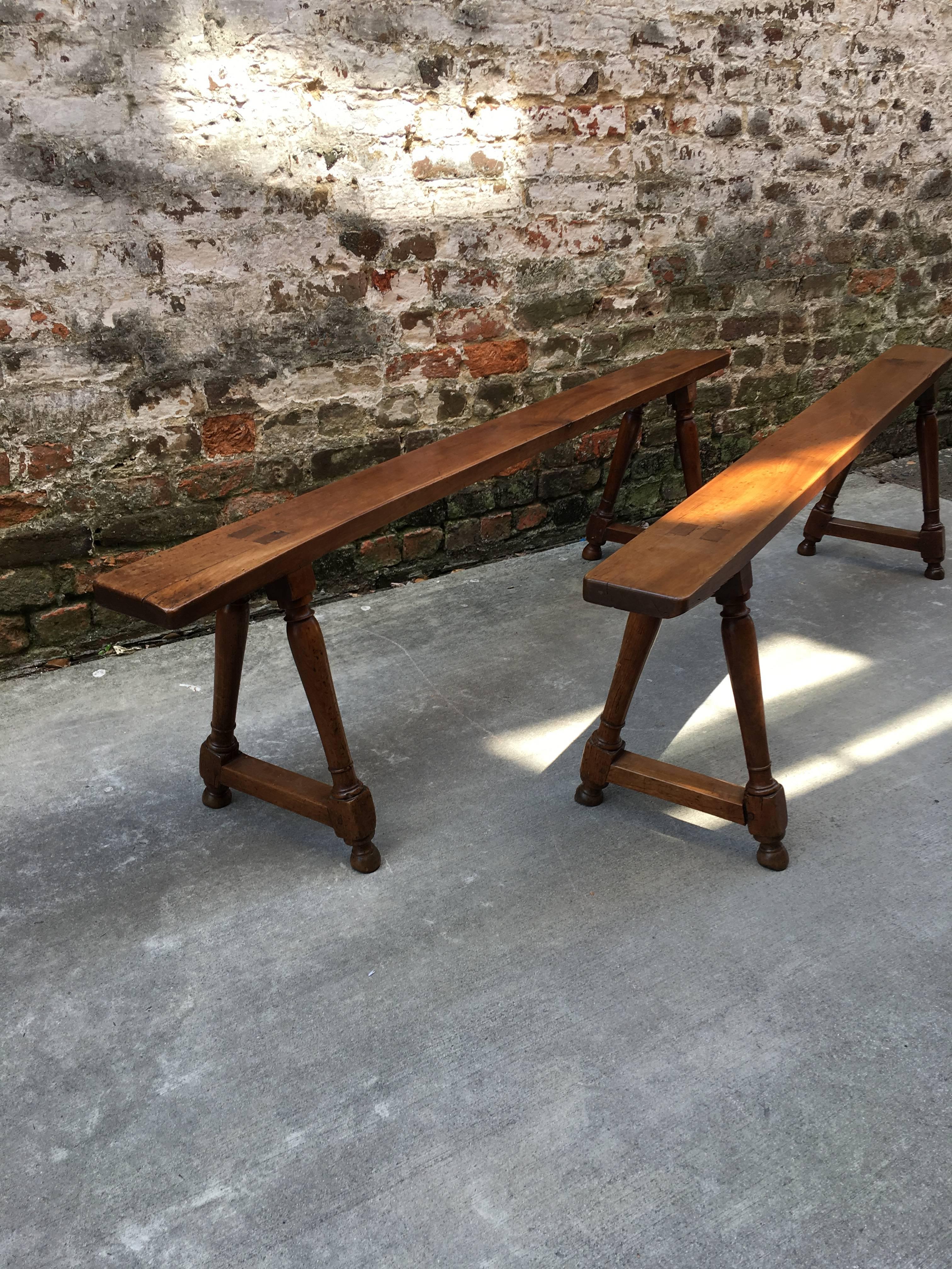 Pair of French 19th Century Walnut Benches 1