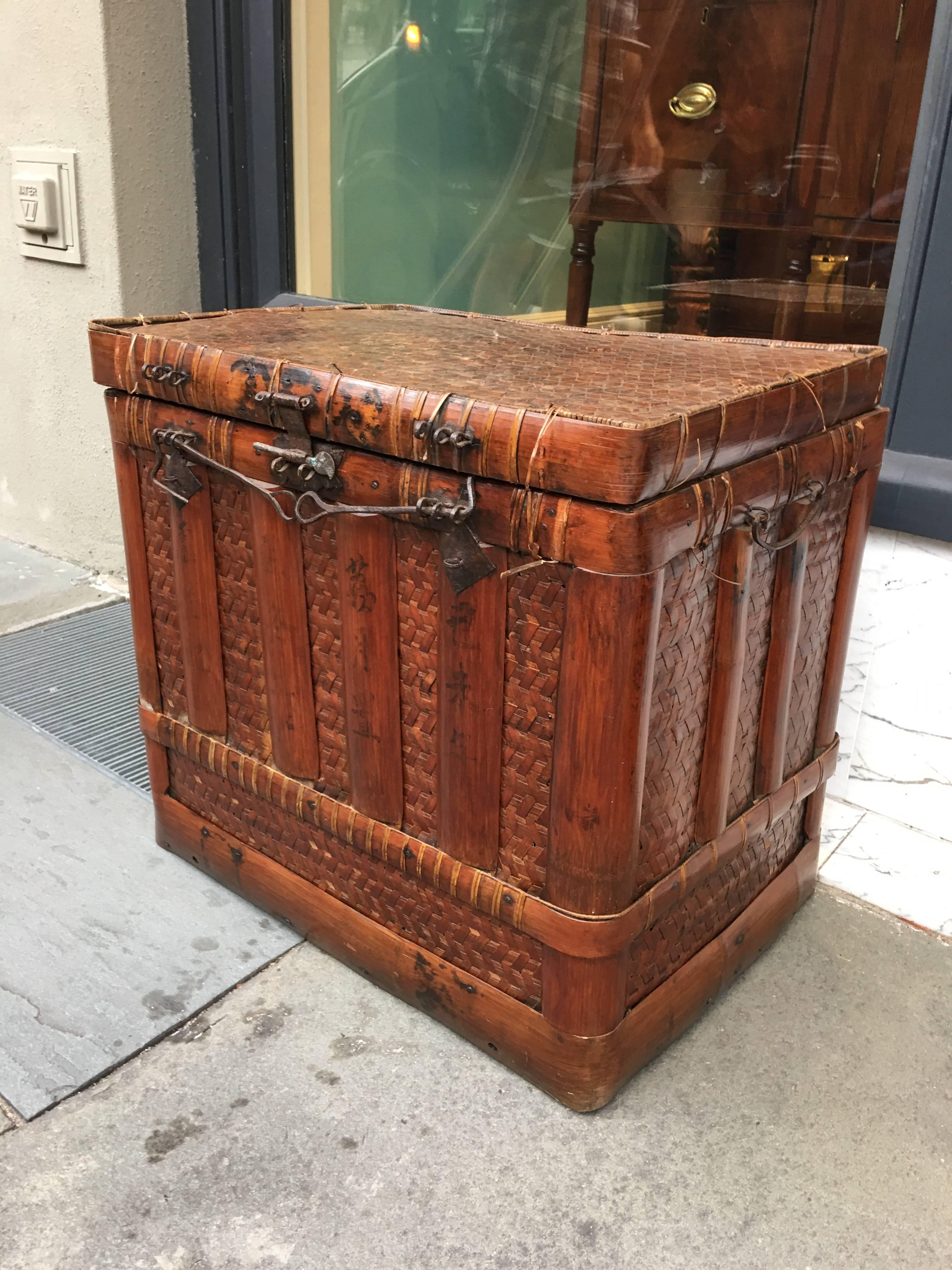 Asian Bamboo and Rattan Storage Basket with Iron Hardware