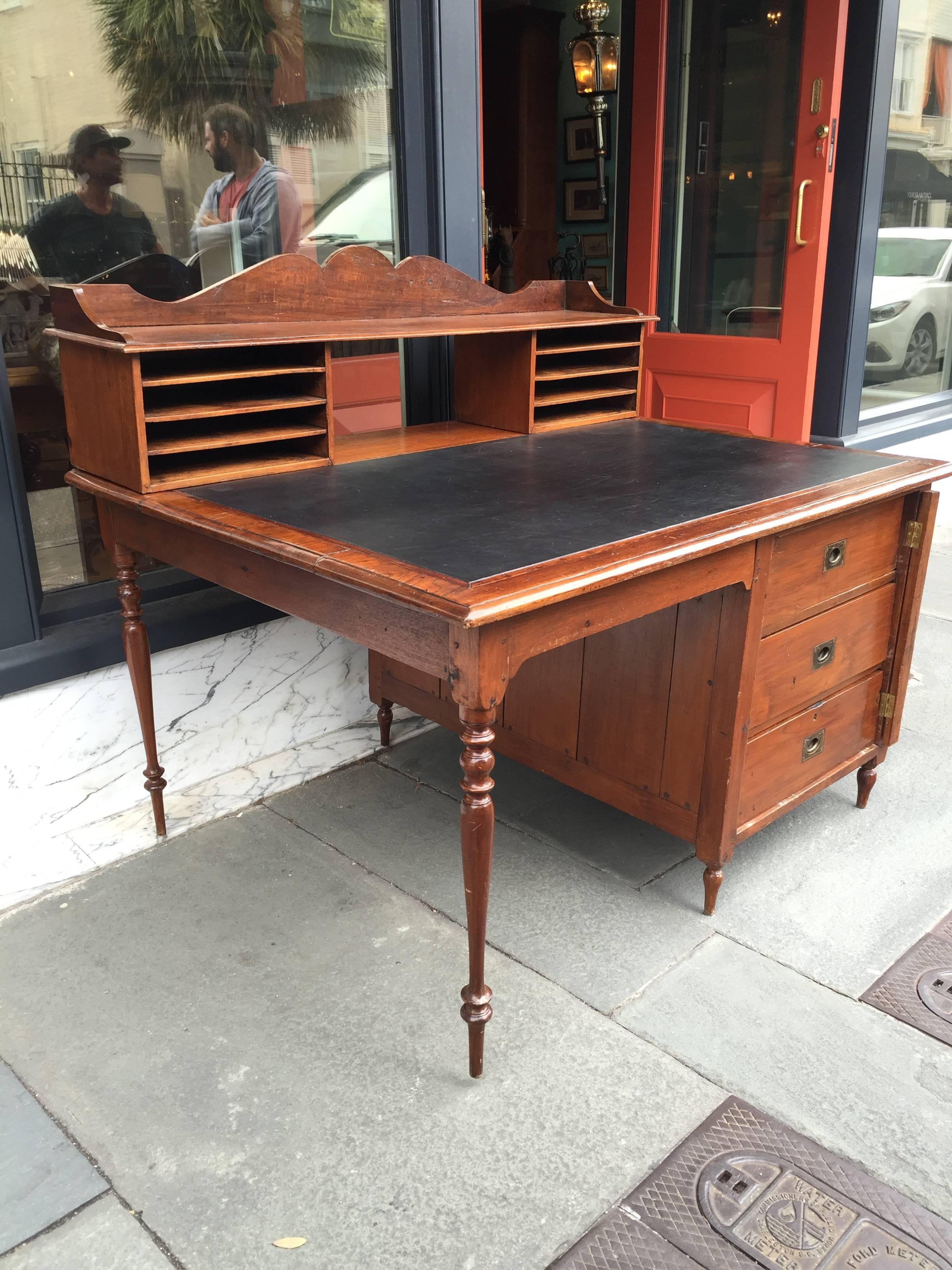 Unknown Teak Leather Top Writing Desk with Upper Compartments, circa 1920
