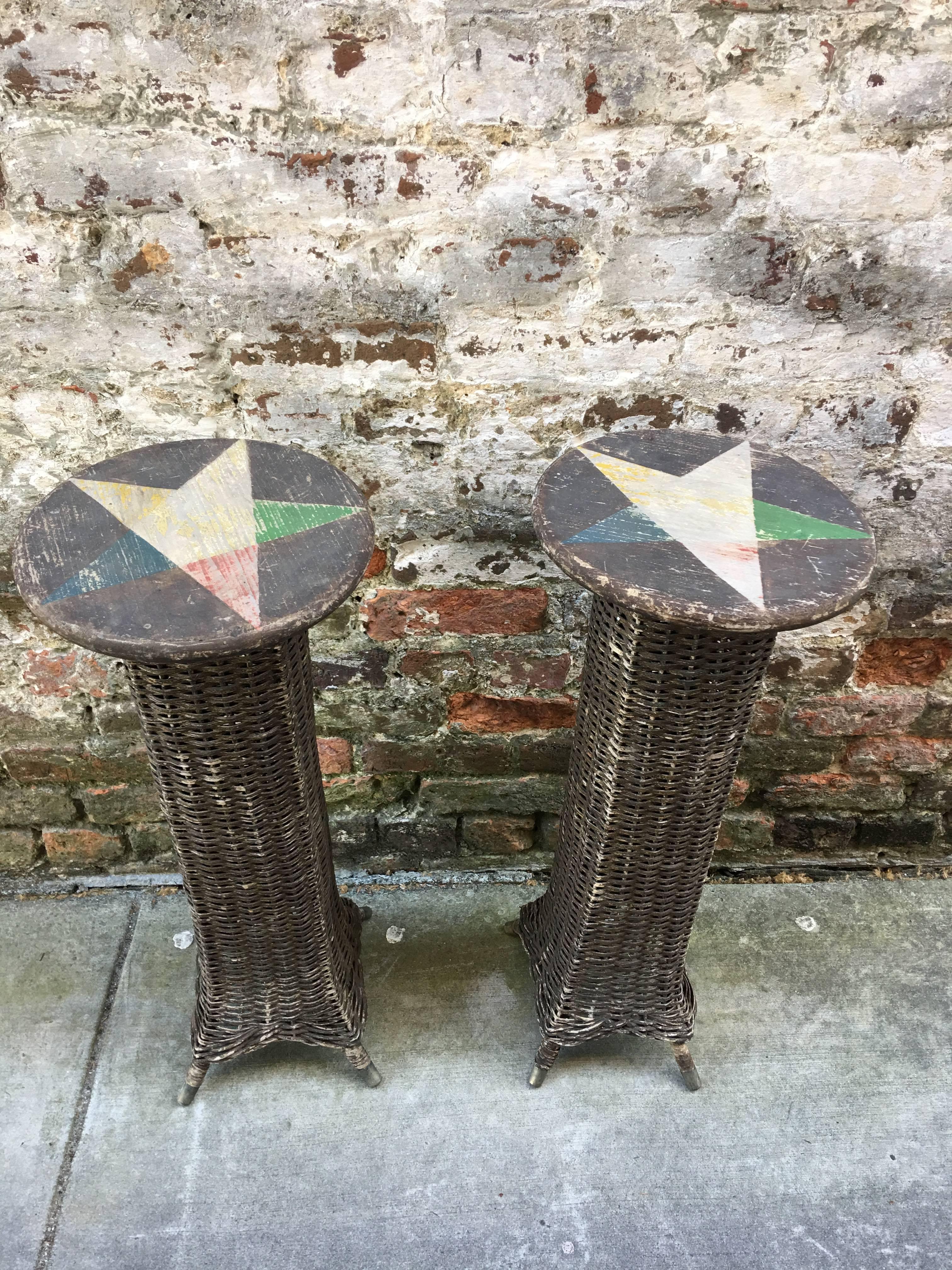 Pair of Wicker Plant Stands with Star Motif Tops In Good Condition In Charleston, SC