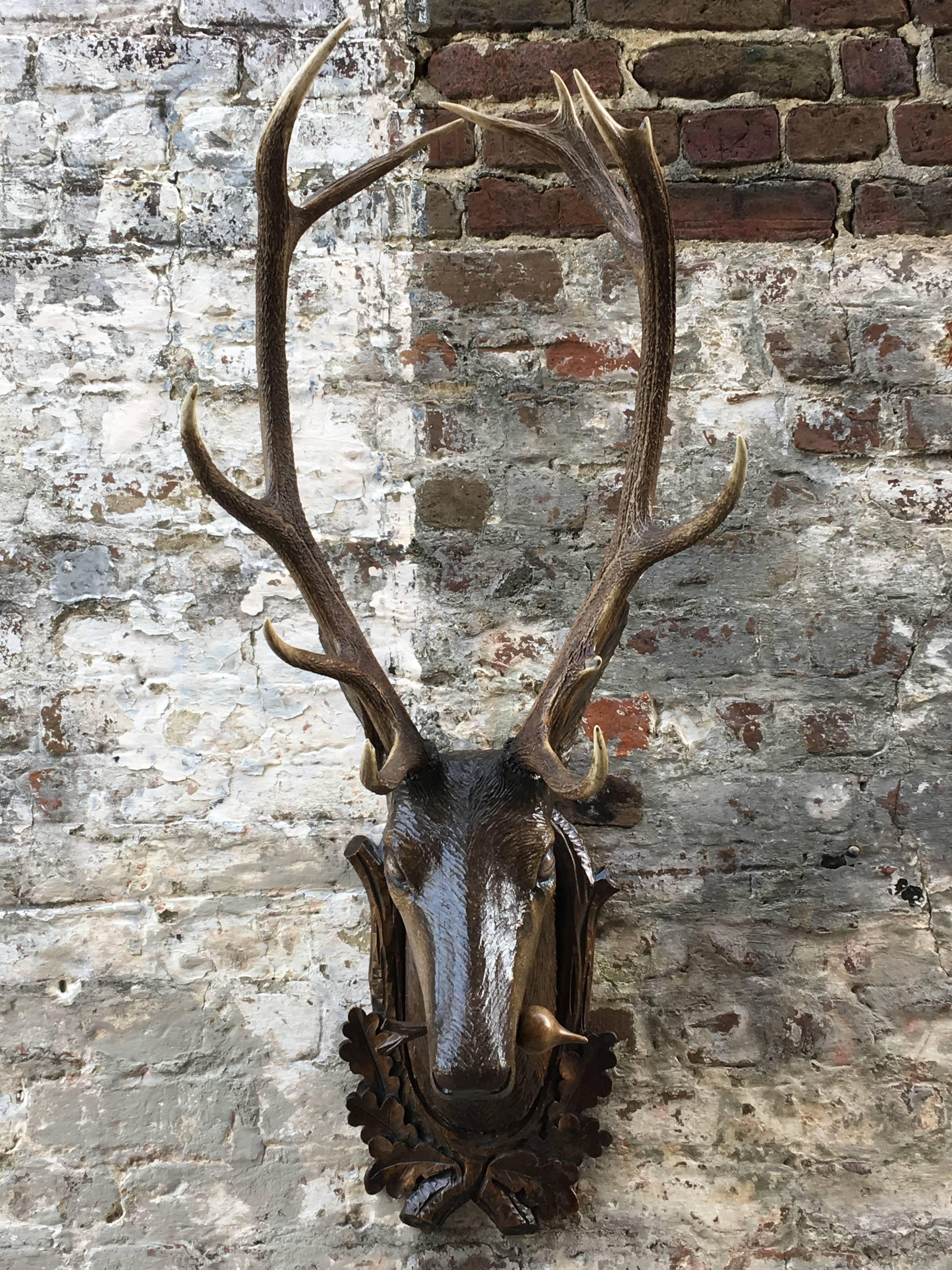 Carved Wood with Ten Point Antler Rack Black Forest Stag 1