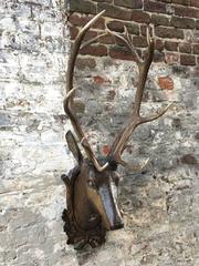 Carved Wood with Ten Point Antler Rack Black Forest Stag