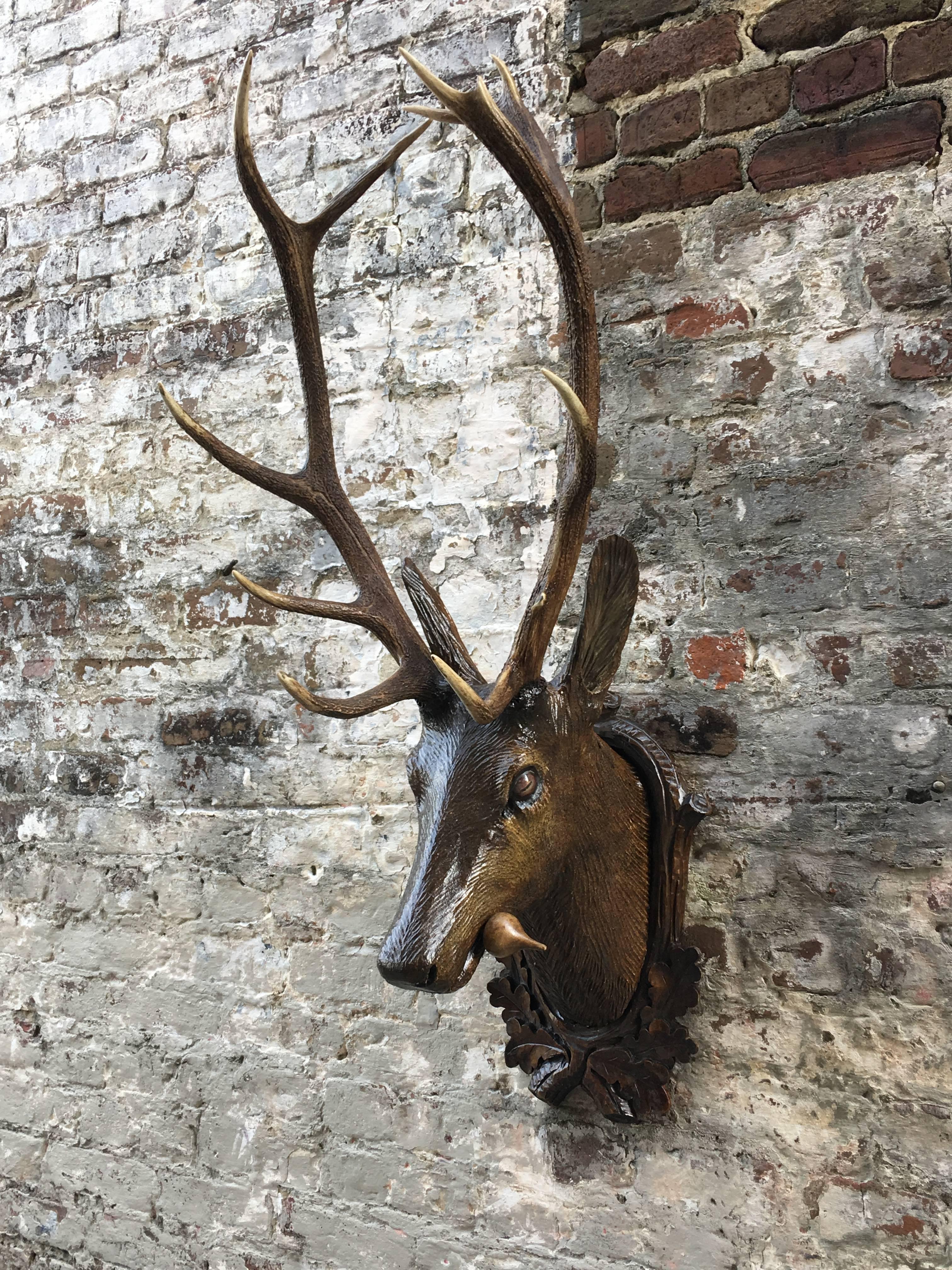Carved Wood with Ten Point Antler Rack Black Forest Stag In Excellent Condition In Charleston, SC
