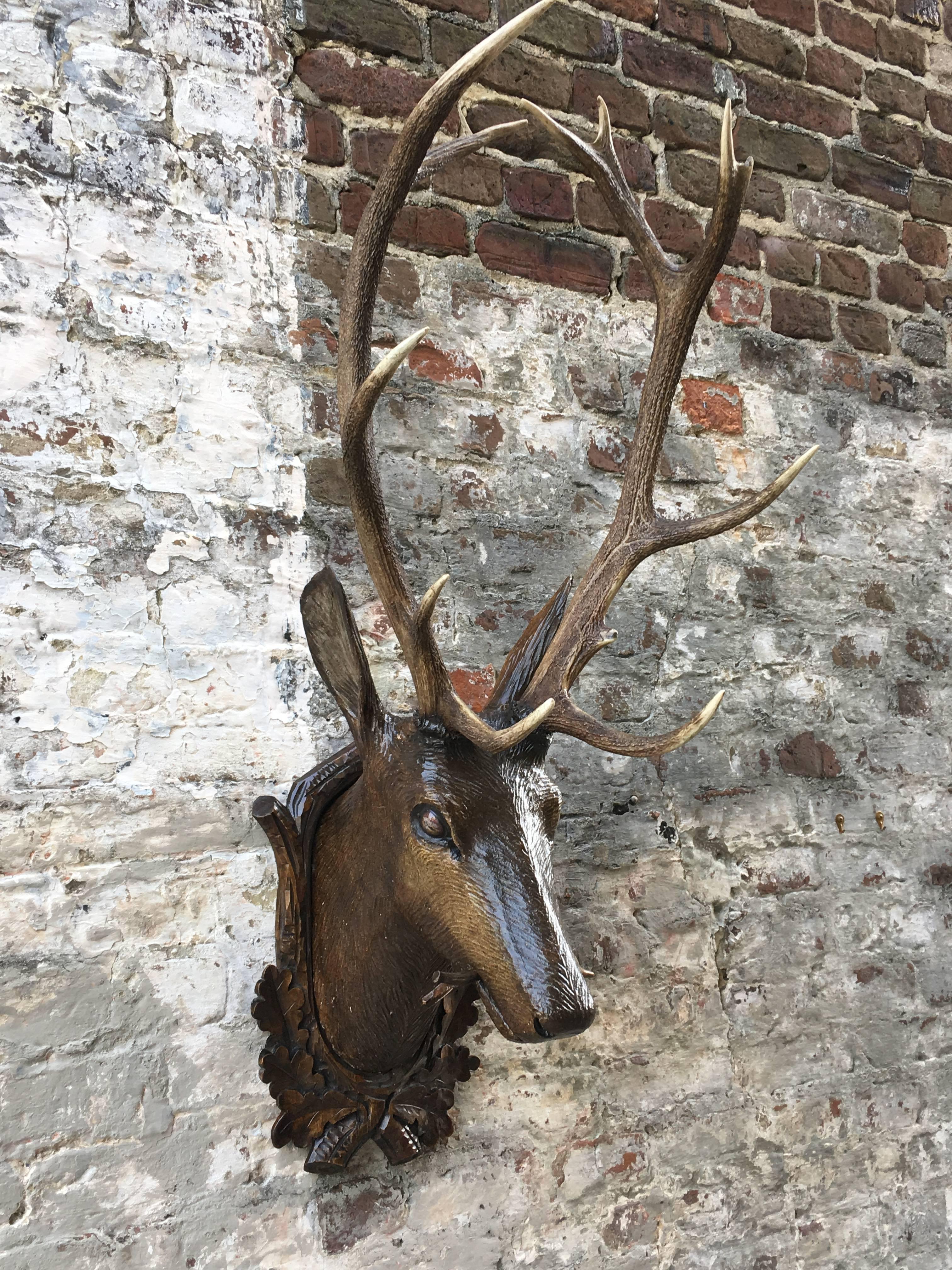 Late 19th Century Carved Wood with Ten Point Antler Rack Black Forest Stag